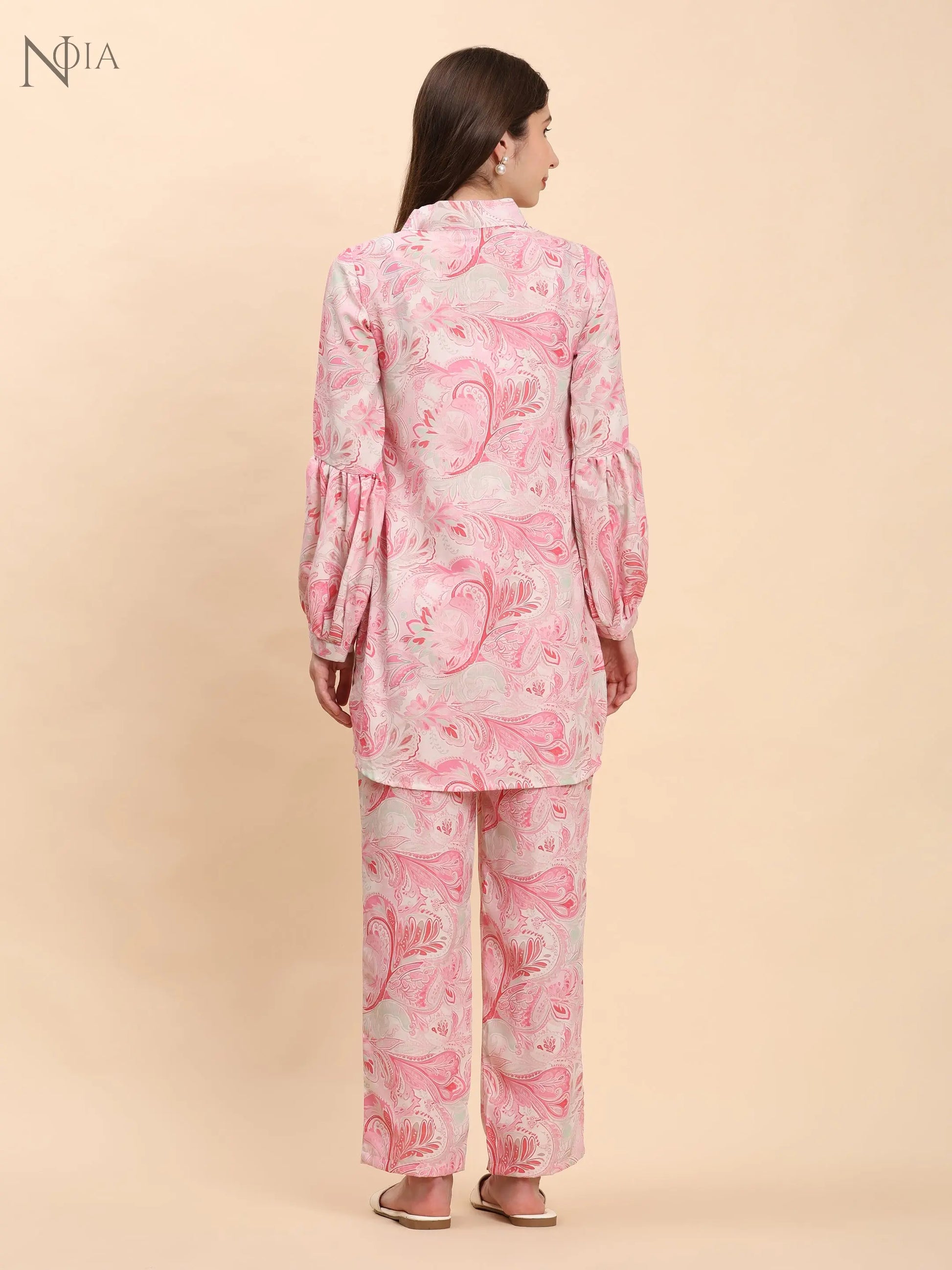 Noia Pink & White Paisley V Necked Top with Trousers Noia