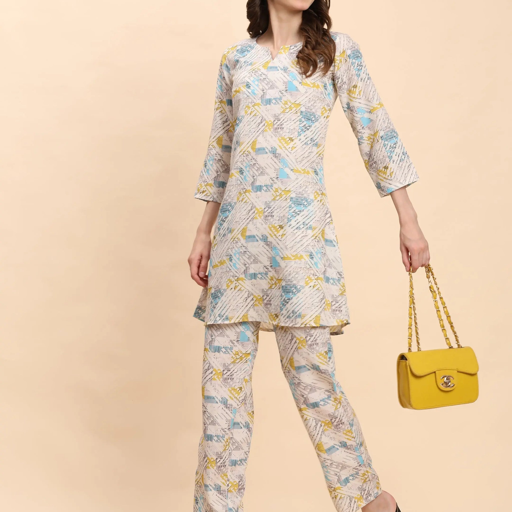 Noia White Multi Geometric Top with Trousers – Women’s Co-Ord Set Noia