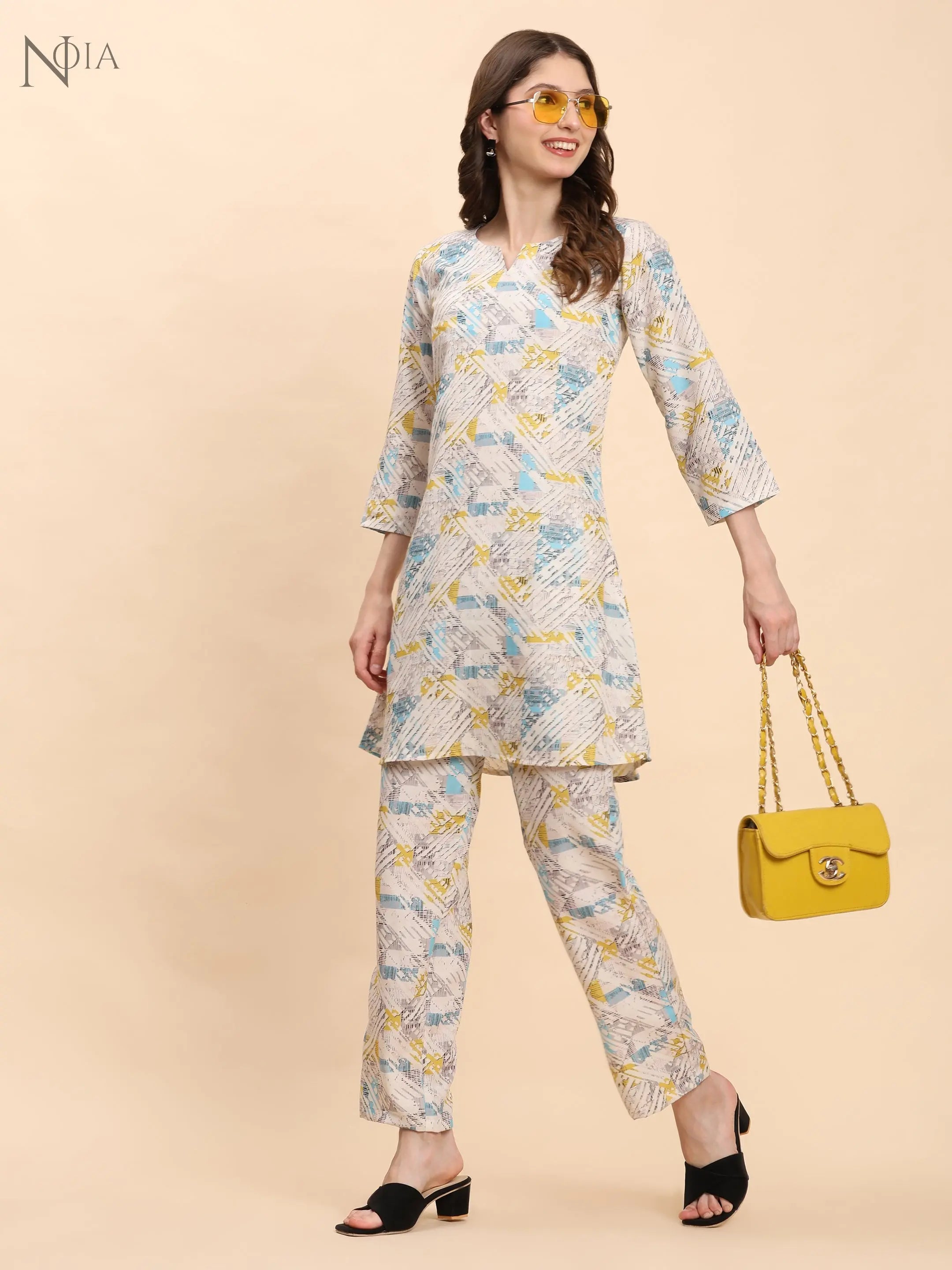 Noia White Multi Geometric Top with Trousers – Women’s Co-Ord Set Noia