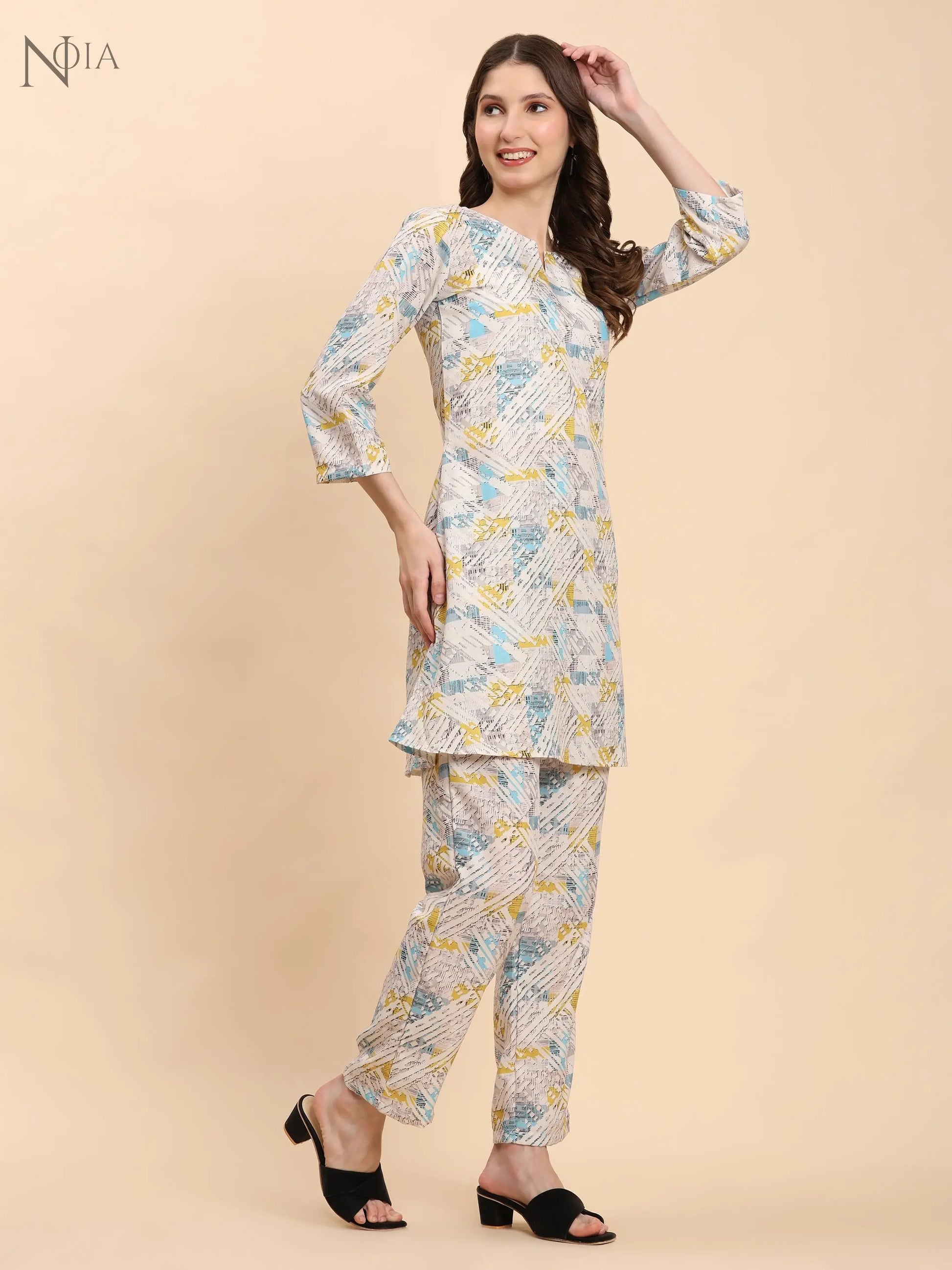 Noia White Multi Geometric Top with Trousers – Women’s Co-Ord Set Noia
