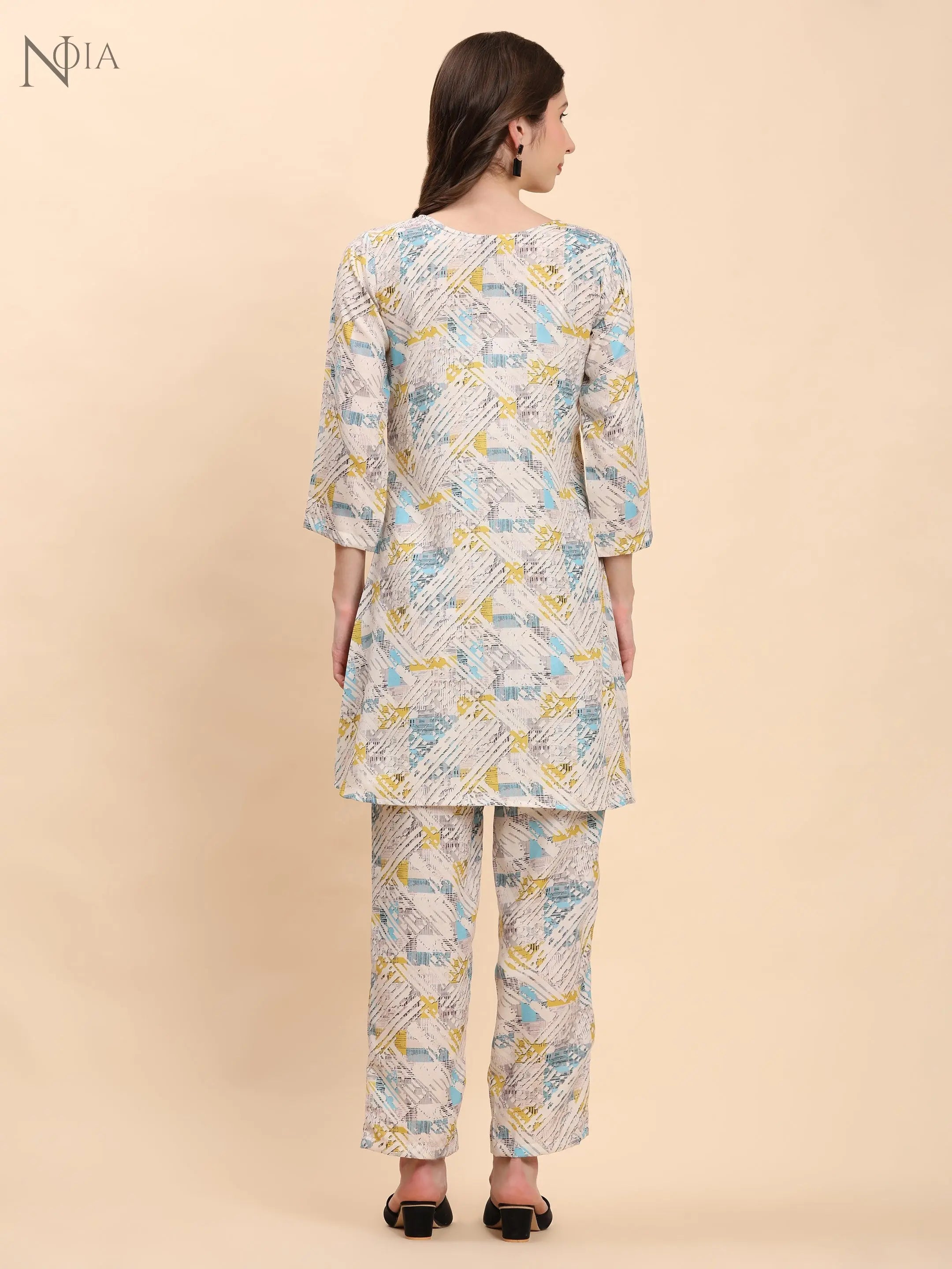 Noia White Multi Geometric Top with Trousers – Women’s Co-Ord Set Noia