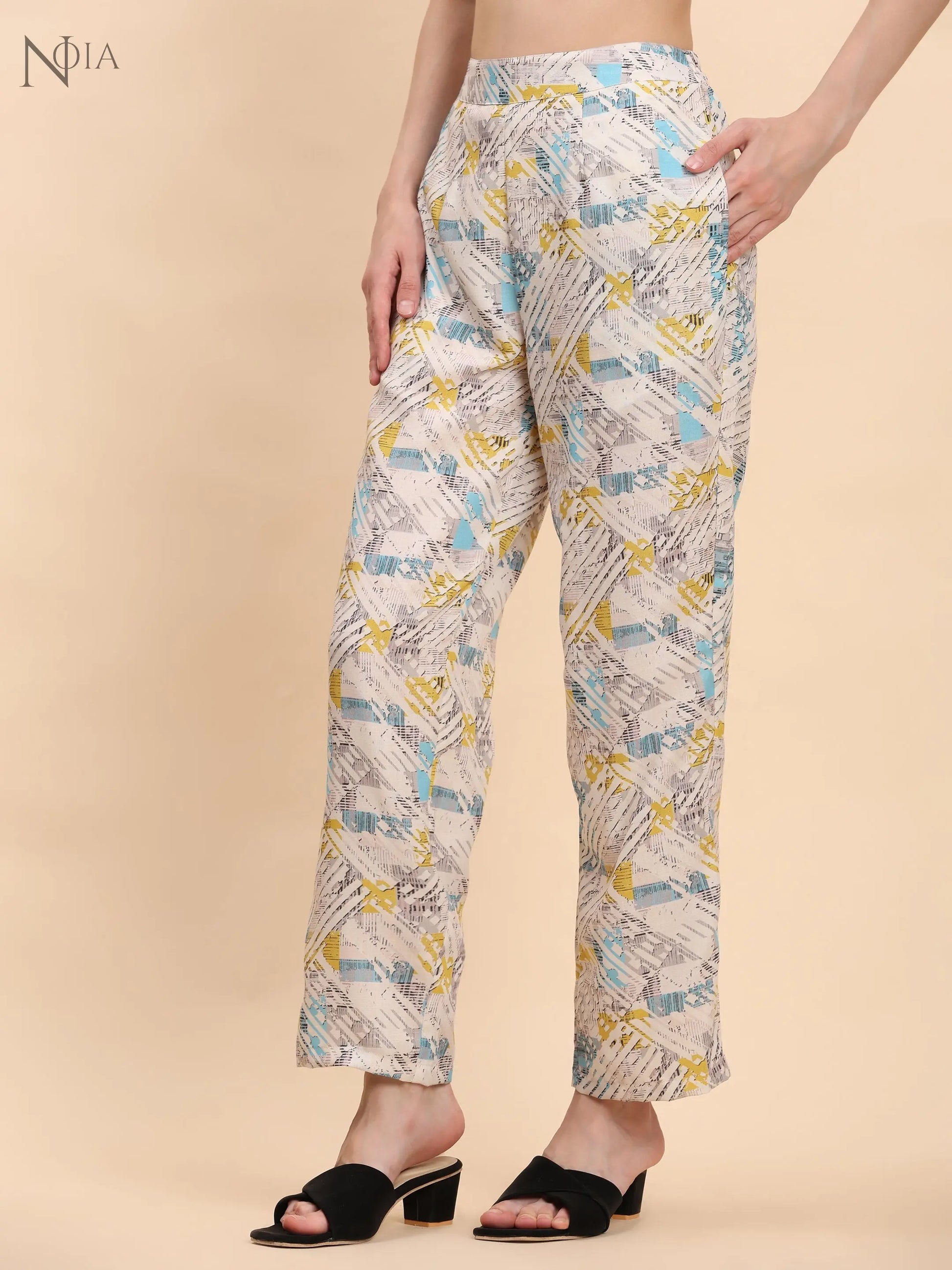 Noia White Multi Geometric Top with Trousers – Women’s Co-Ord Set Noia