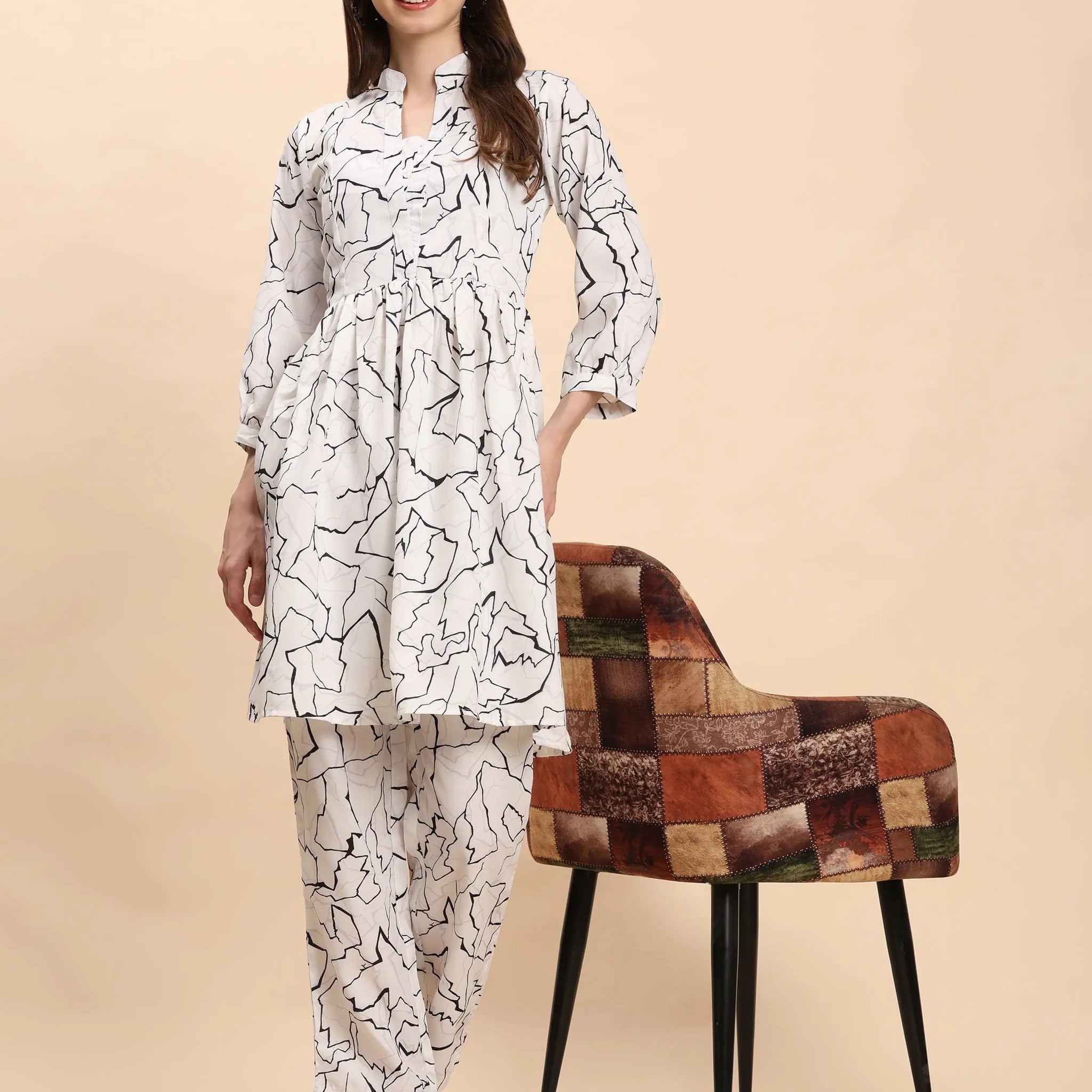 Noia White & Black Abstract Long Sleeved V-Neck Top with Trousers Noia
