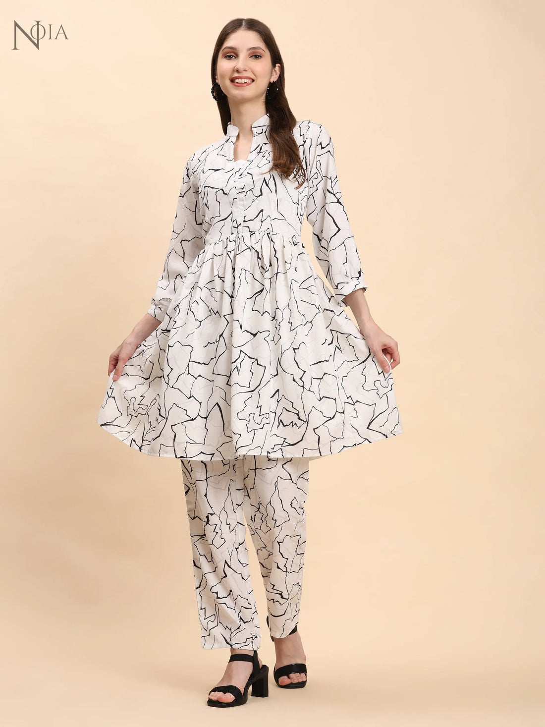 Noia White & Black Abstract Long Sleeved V-Neck Top with Trousers Noia