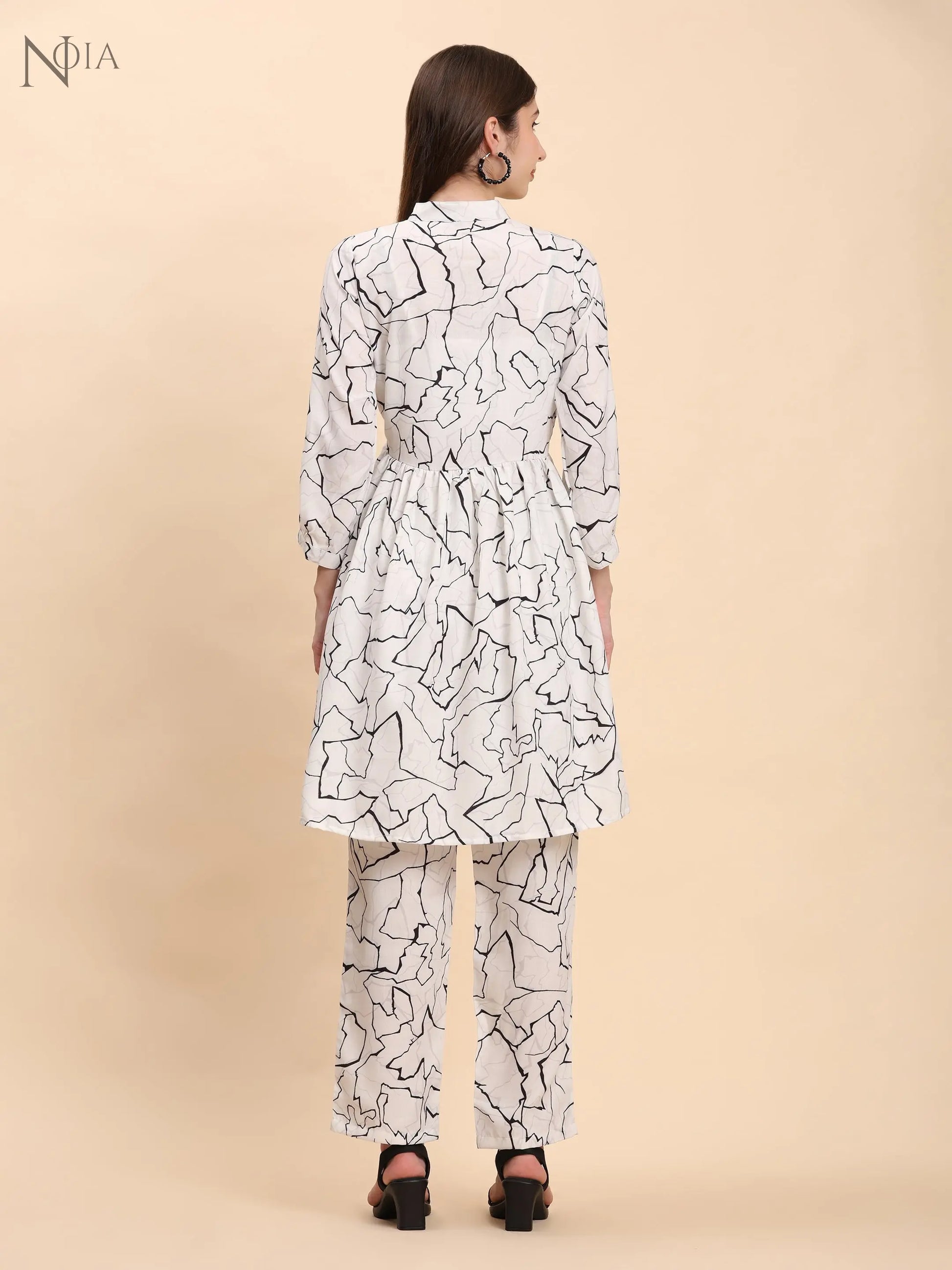 Noia White & Black Abstract Long Sleeved V-Neck Top with Trousers Noia