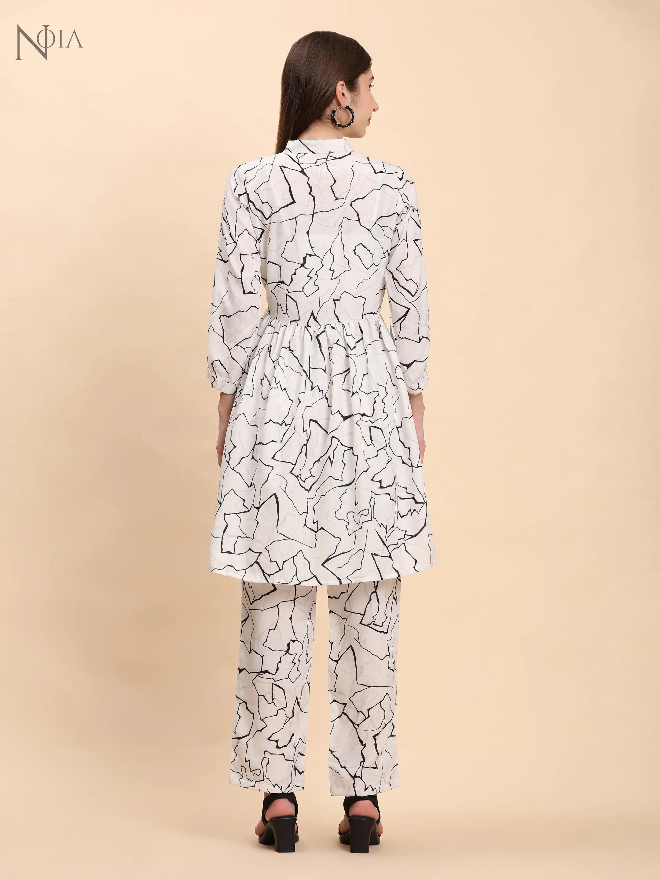 Noia White & Black Abstract Long Sleeved V-Neck Top with Trousers Noia