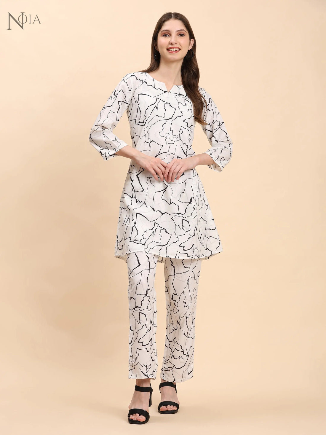 Noia White & Black Abstract Print Top with Trousers – Women’s Co-Ord Set Noia