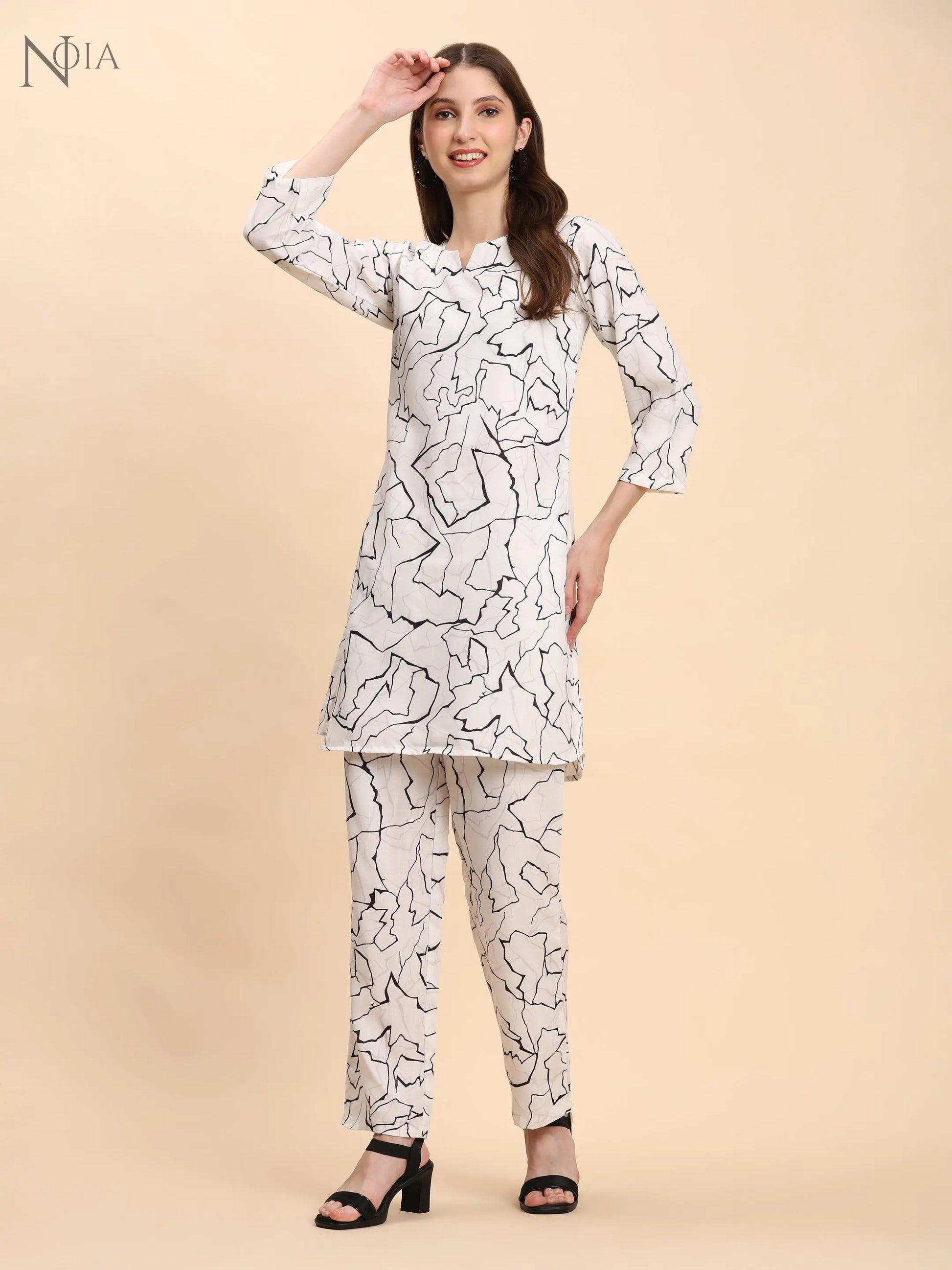 Noia White & Black Abstract Print Top with Trousers – Women’s Co-Ord Set Noia