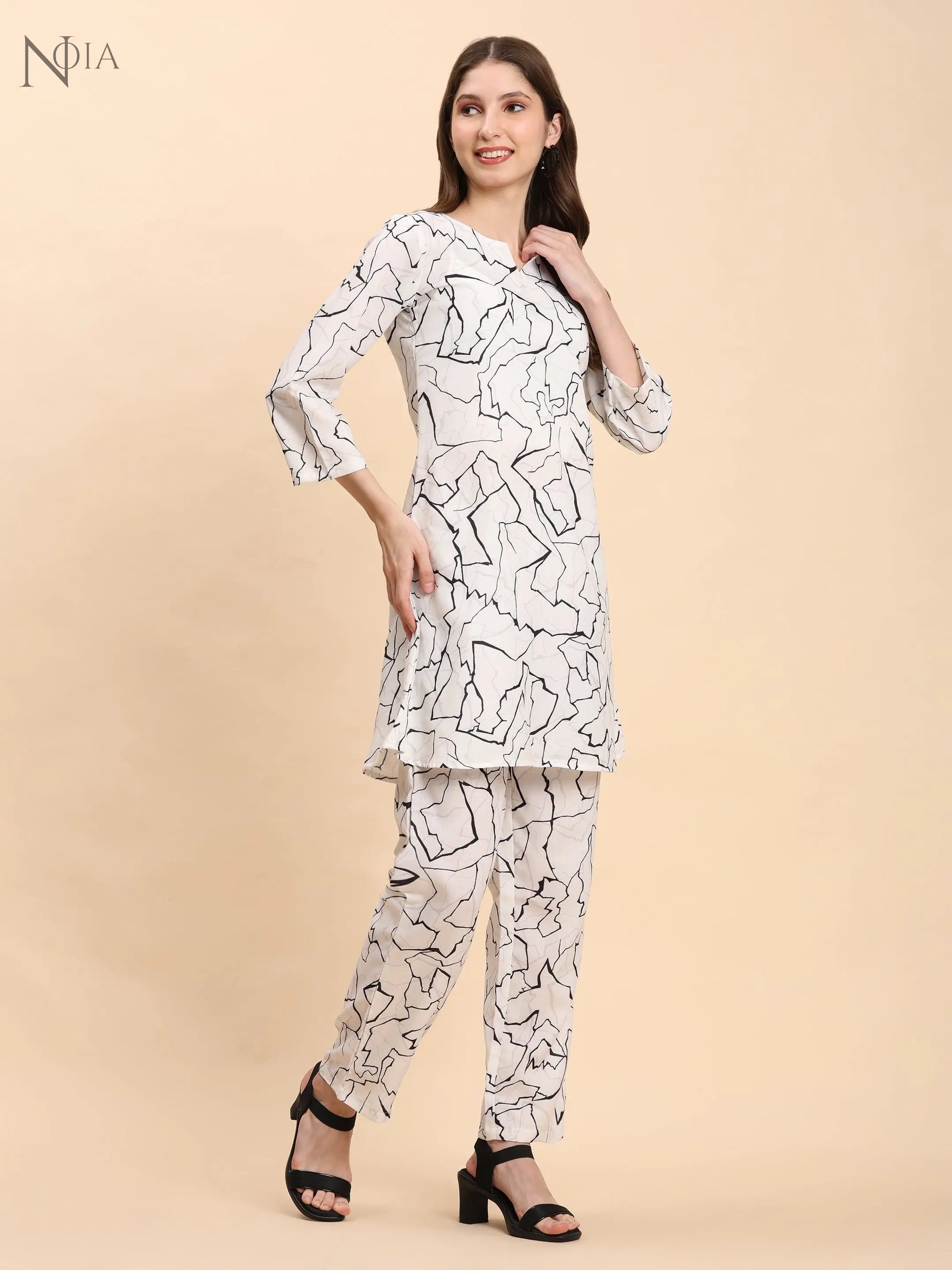 Noia White & Black Abstract Print Top with Trousers – Women’s Co-Ord Set Noia
