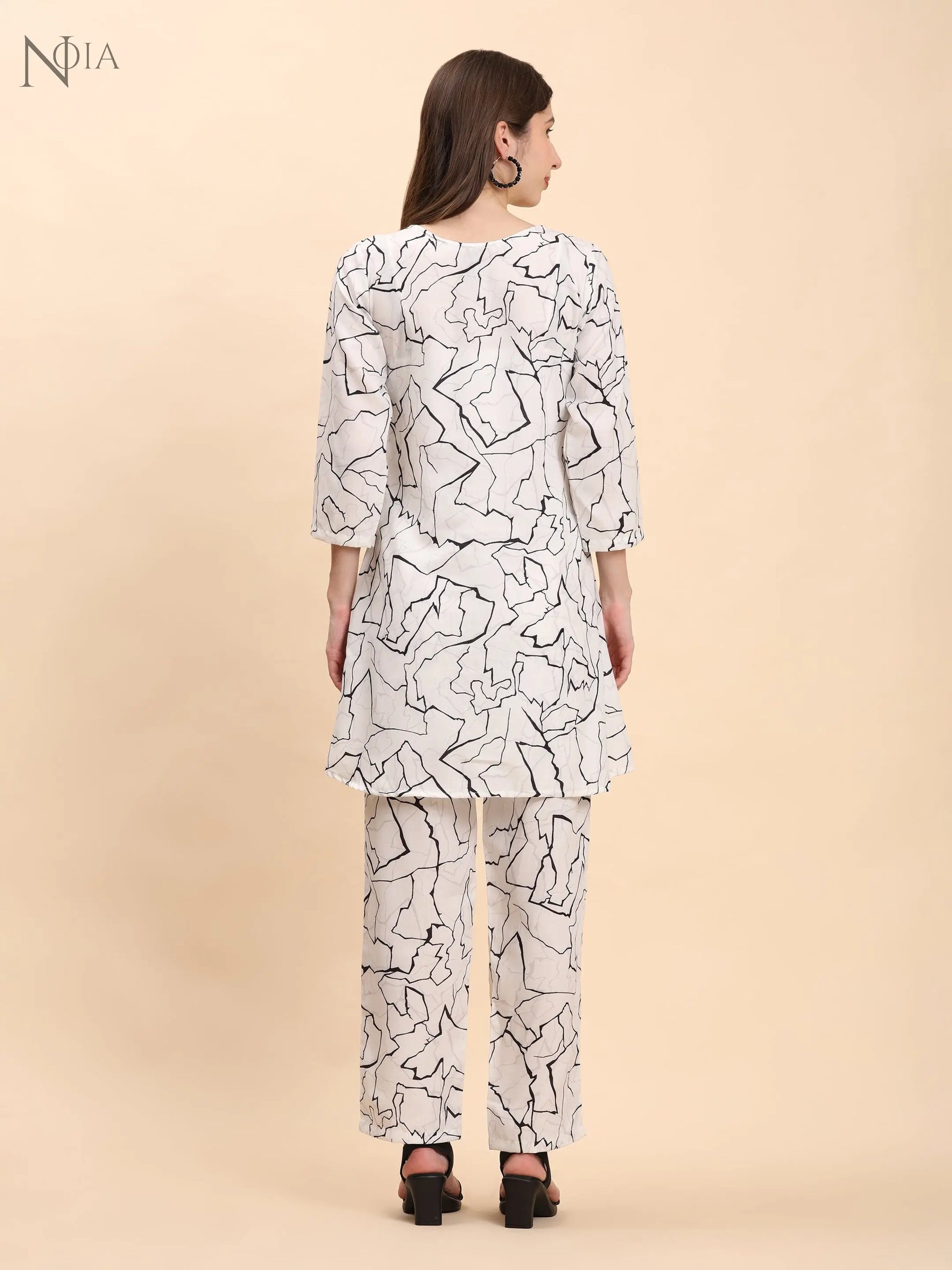 Noia White & Black Abstract Print Top with Trousers – Women’s Co-Ord Set Noia