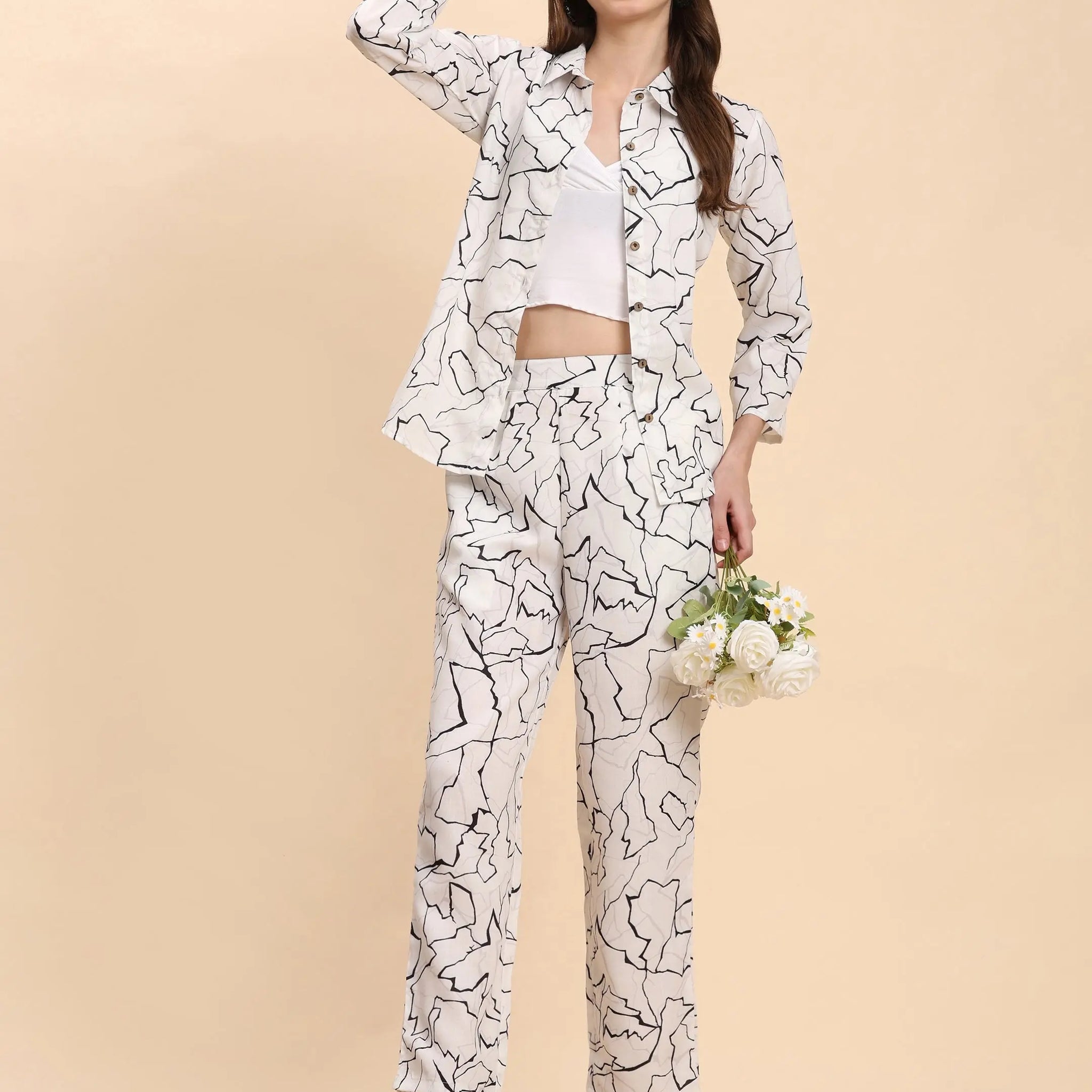 Noia White & Black Abstract Shirt with Trousers Noia