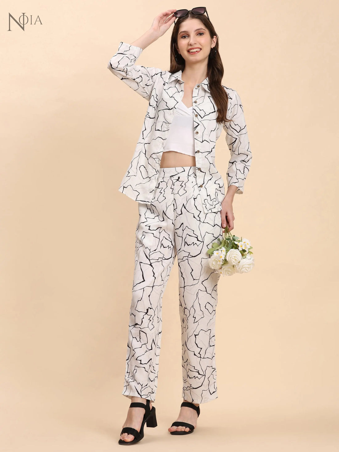 Noia White & Black Abstract Shirt with Trousers Noia