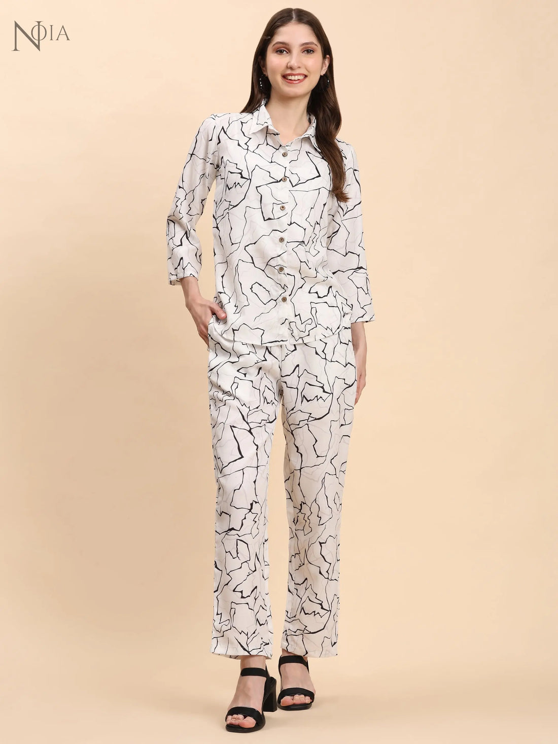 Noia White & Black Abstract Shirt with Trousers Noia