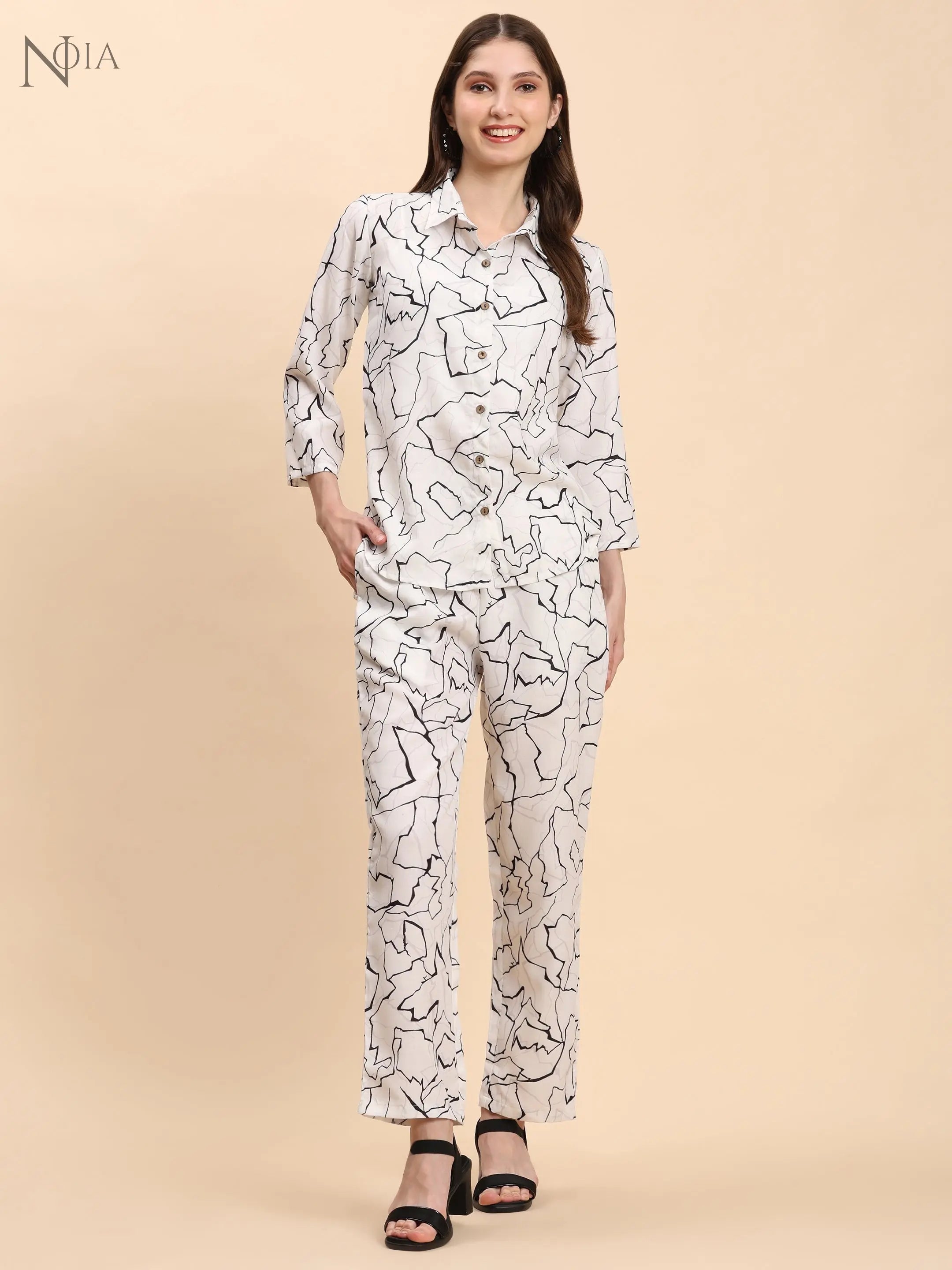 Noia White & Black Abstract Shirt with Trousers Noia