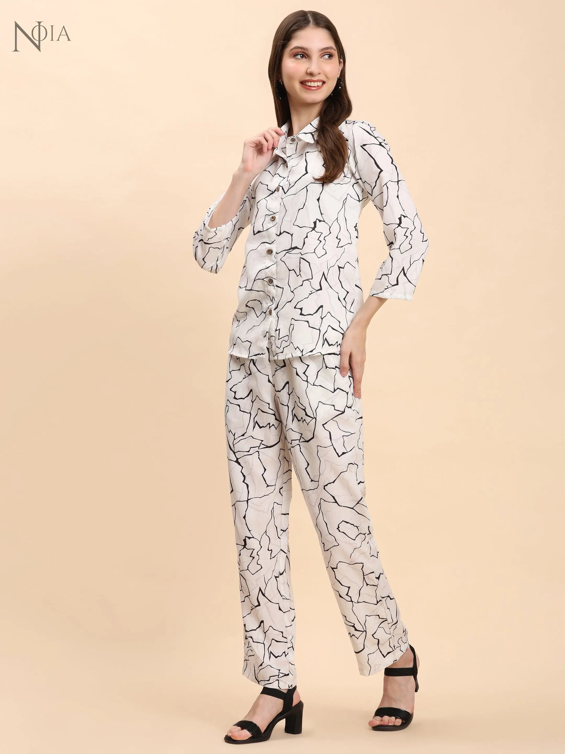 Noia White & Black Abstract Shirt with Trousers Noia