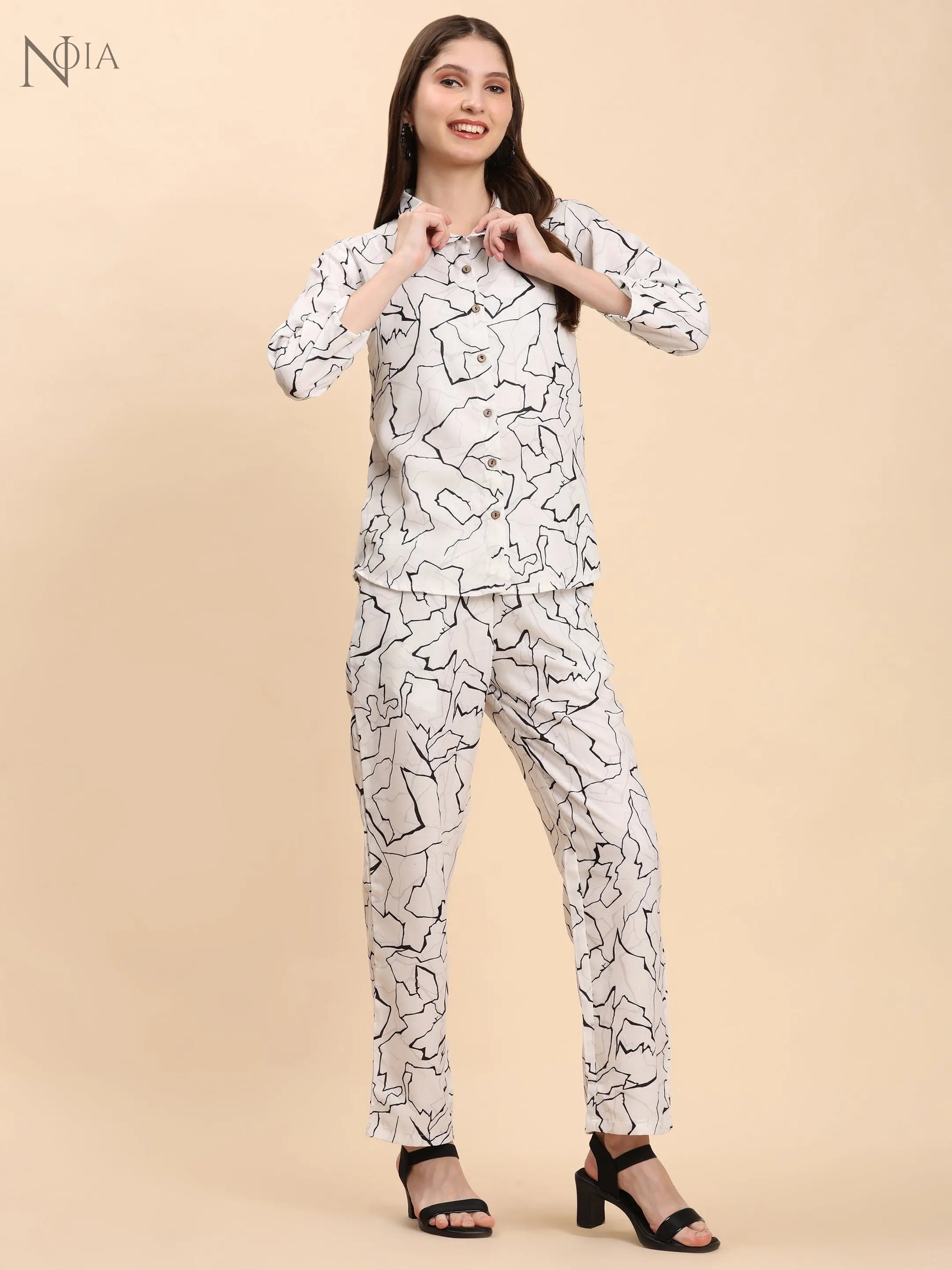 Noia White & Black Abstract Shirt with Trousers Noia