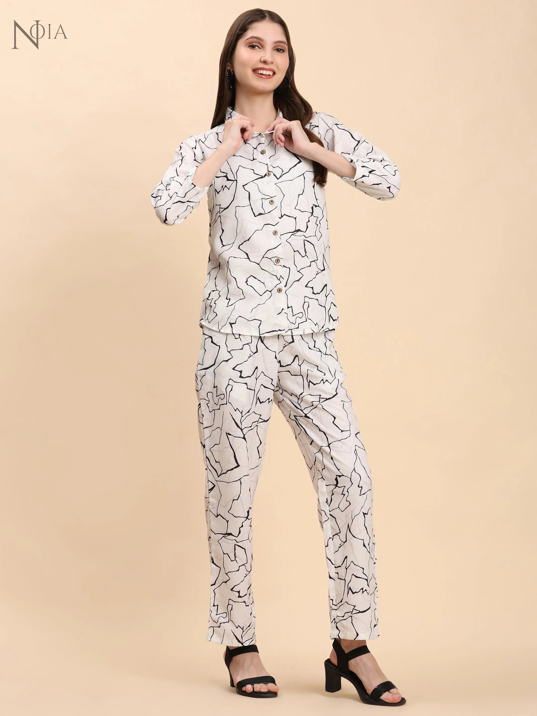 Noia White & Black Abstract Shirt with Trousers Noia