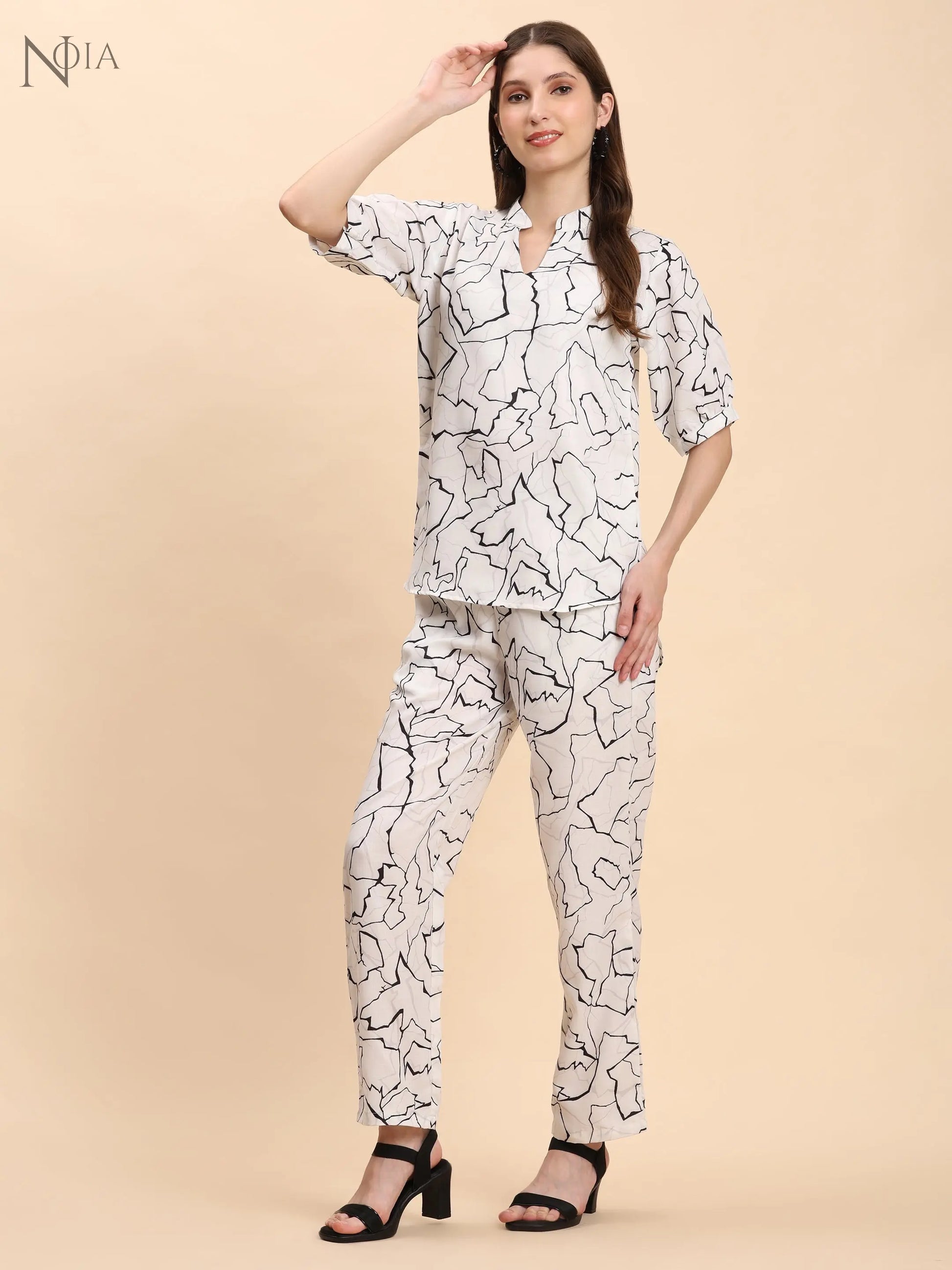 Noia White & Black Abstract Short Sleeve Top with Trousers Noia
