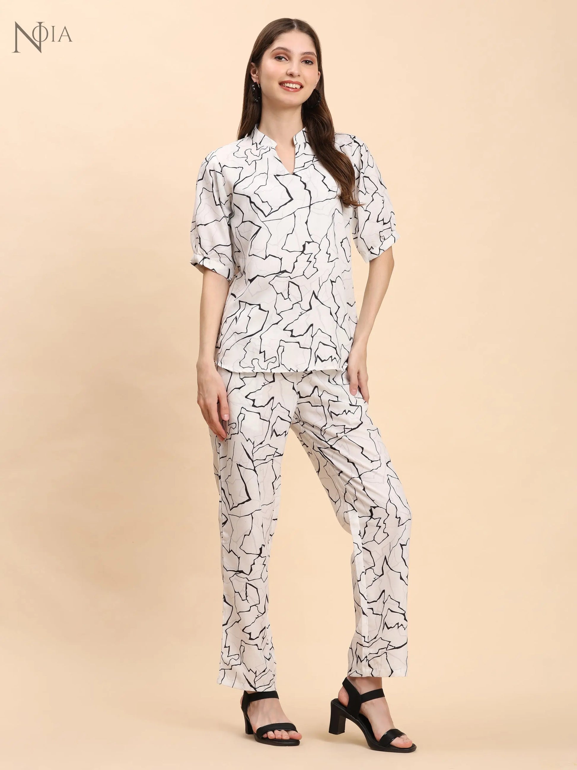 Noia White & Black Abstract Short Sleeve Top with Trousers Noia