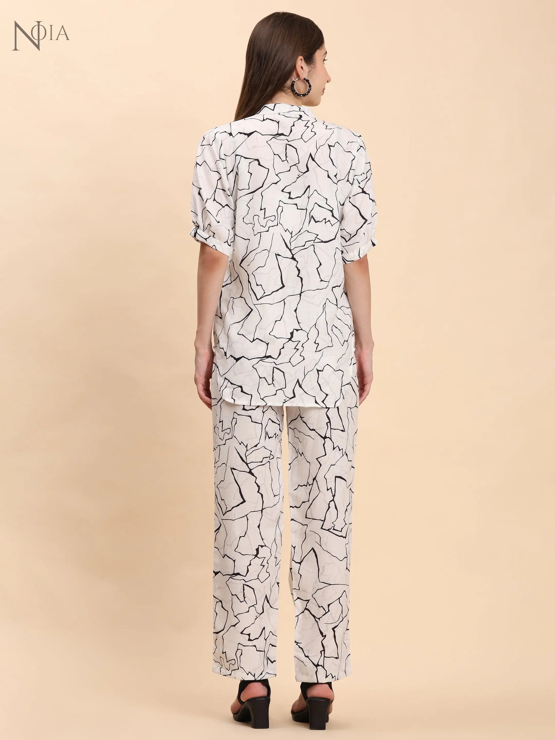 Noia White & Black Abstract Short Sleeve Top with Trousers Noia