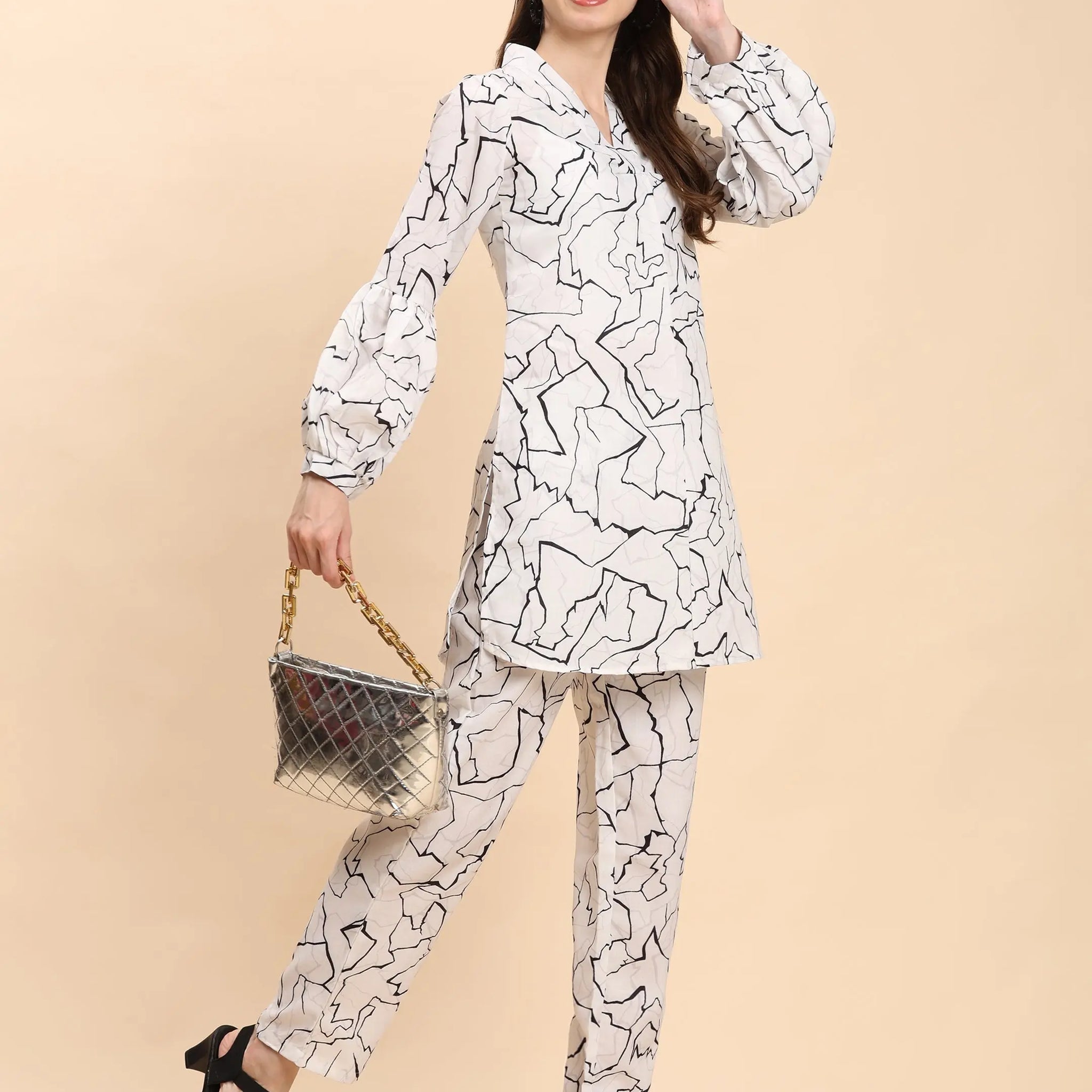 Noia White & Black Abstract V Necked Top with Trousers Noia