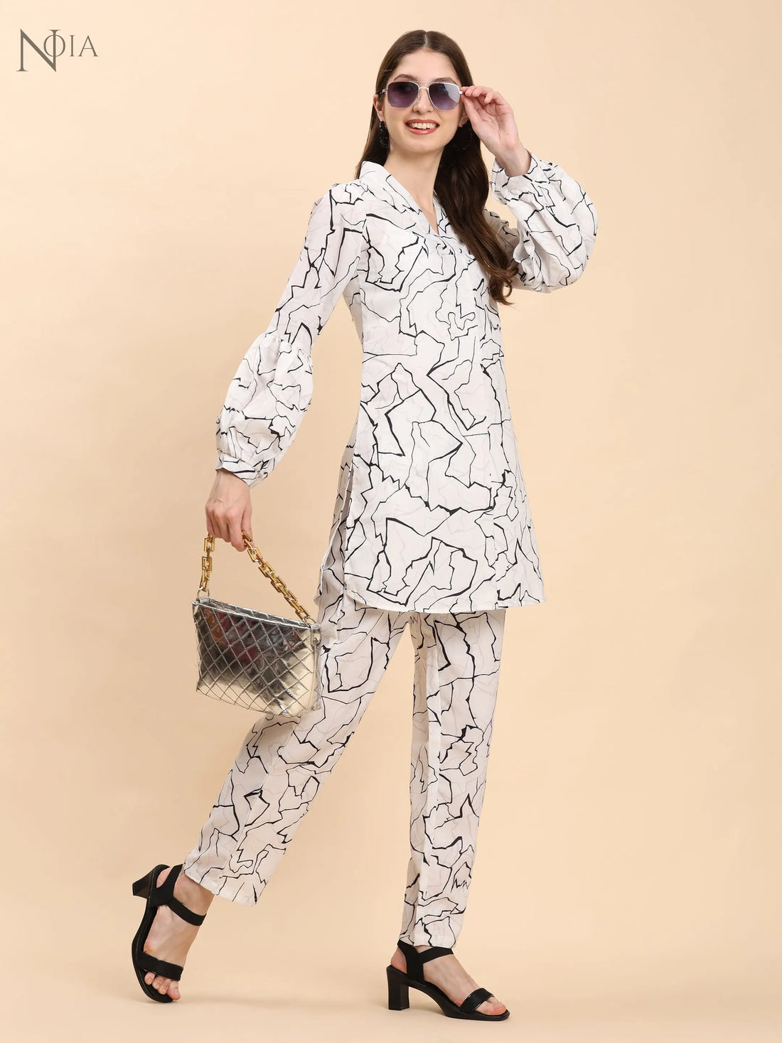 Noia White & Black Abstract V Necked Top with Trousers Noia