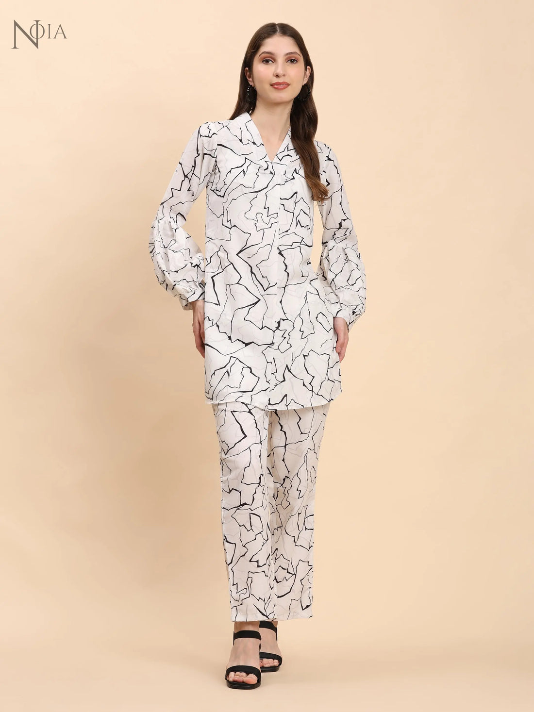 Noia White & Black Abstract V Necked Top with Trousers Noia