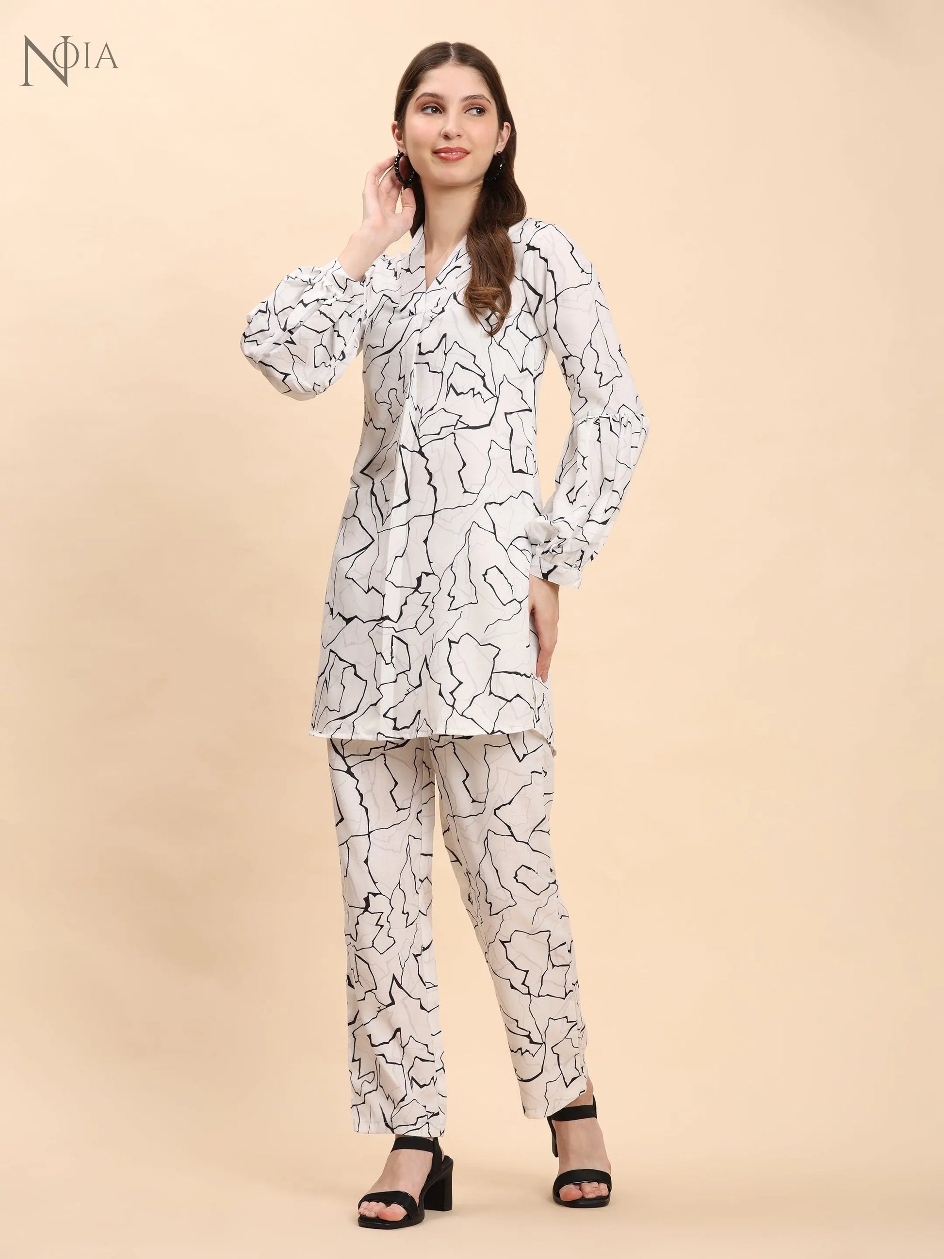Noia White & Black Abstract V Necked Top with Trousers Noia