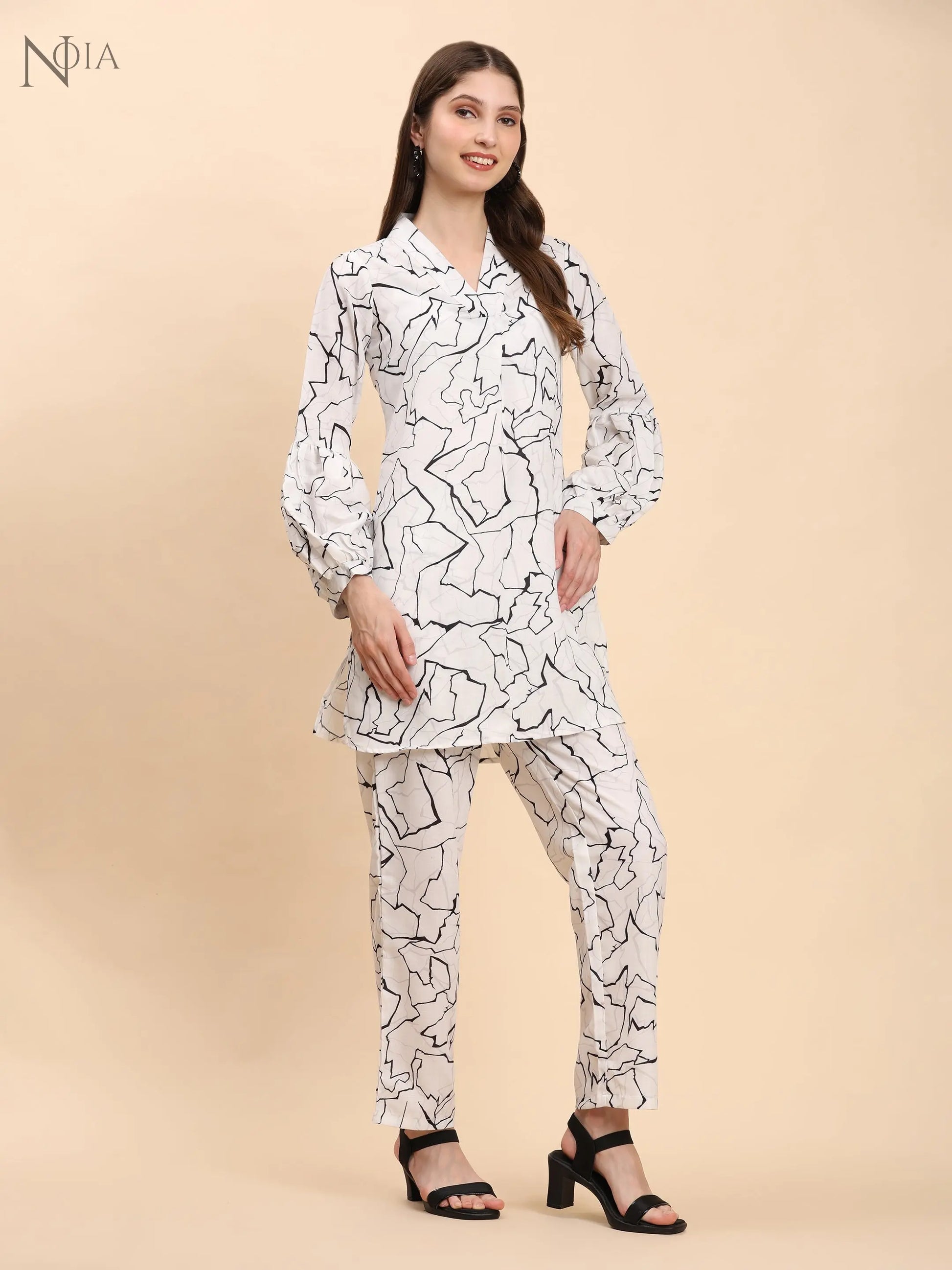 Noia White & Black Abstract V Necked Top with Trousers Noia