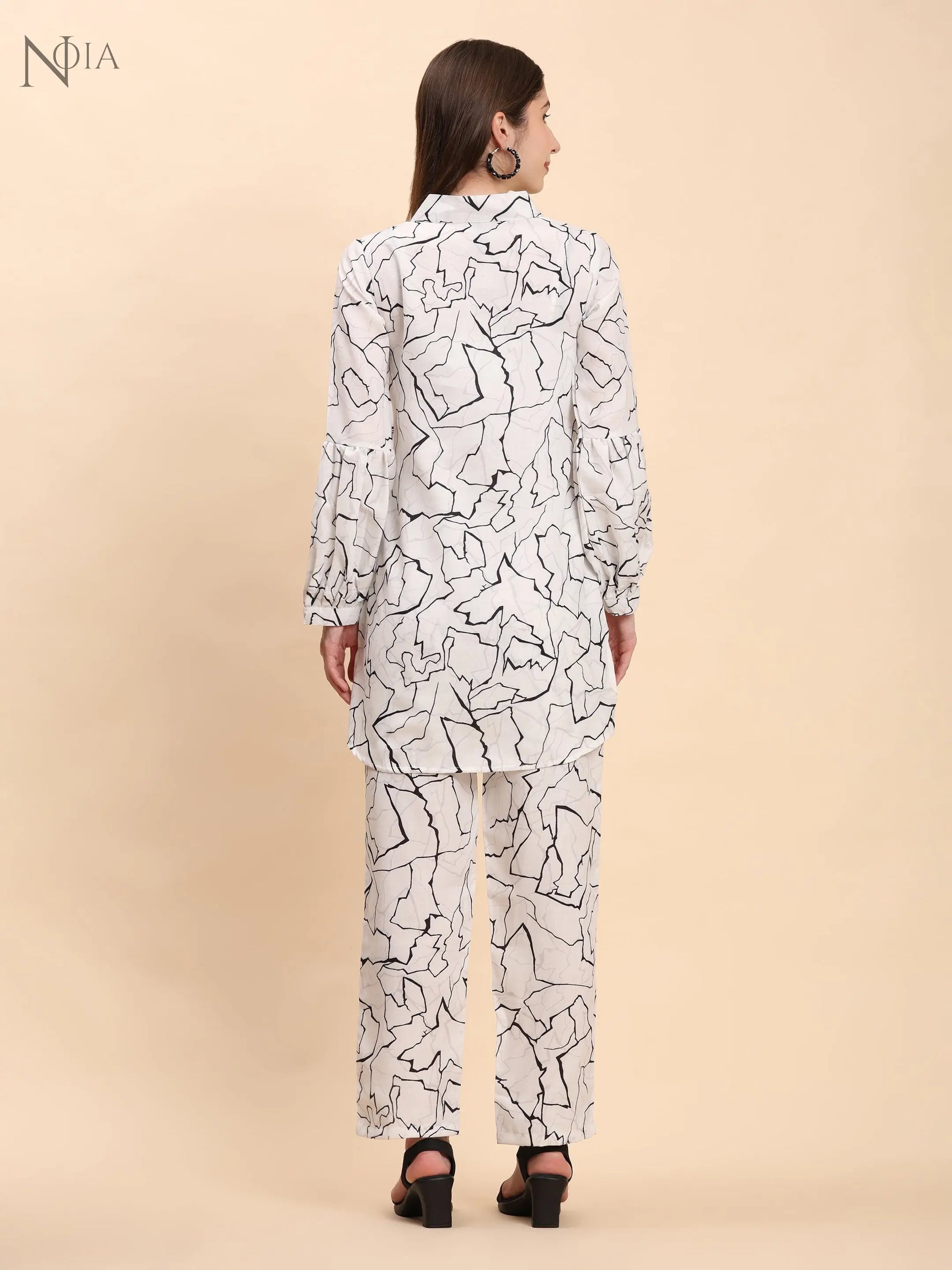 Noia White & Black Abstract V Necked Top with Trousers Noia