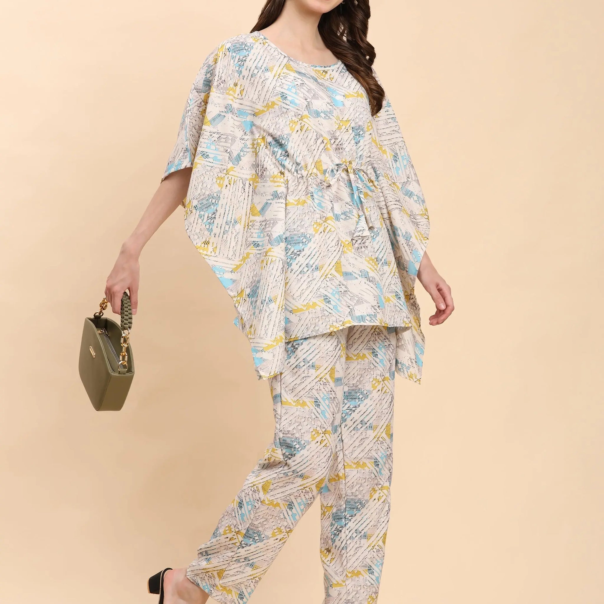 Noia White & Multi Geometric Kaftan Top with Trousers – Women’s Co-Ord Set Noia