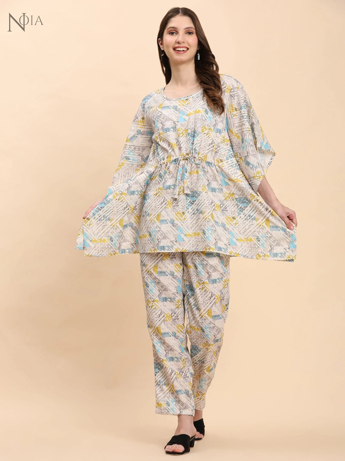 Noia White & Multi Geometric Kaftan Top with Trousers – Women’s Co-Ord Set Noia