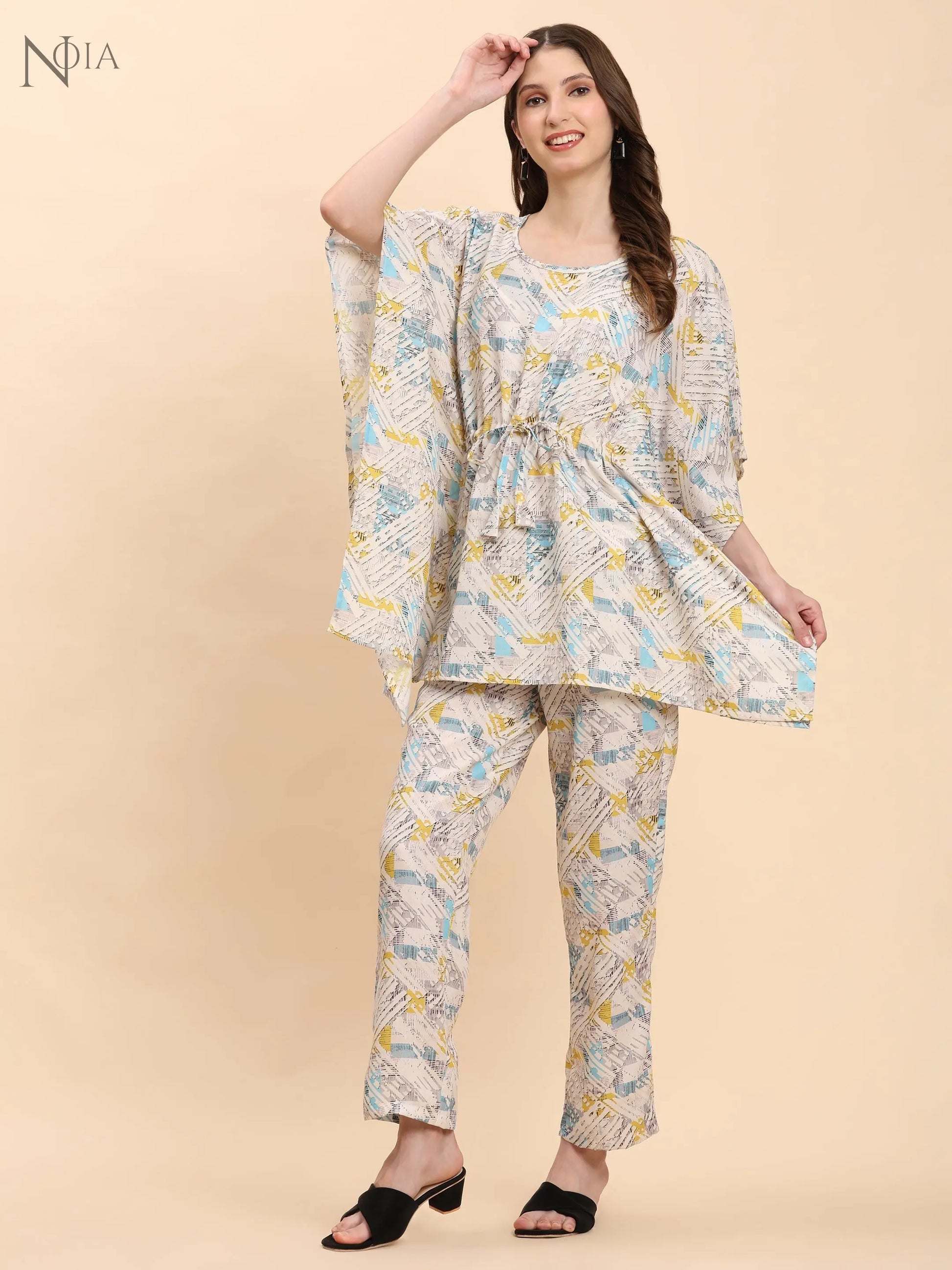 Noia White & Multi Geometric Kaftan Top with Trousers – Women’s Co-Ord Set Noia