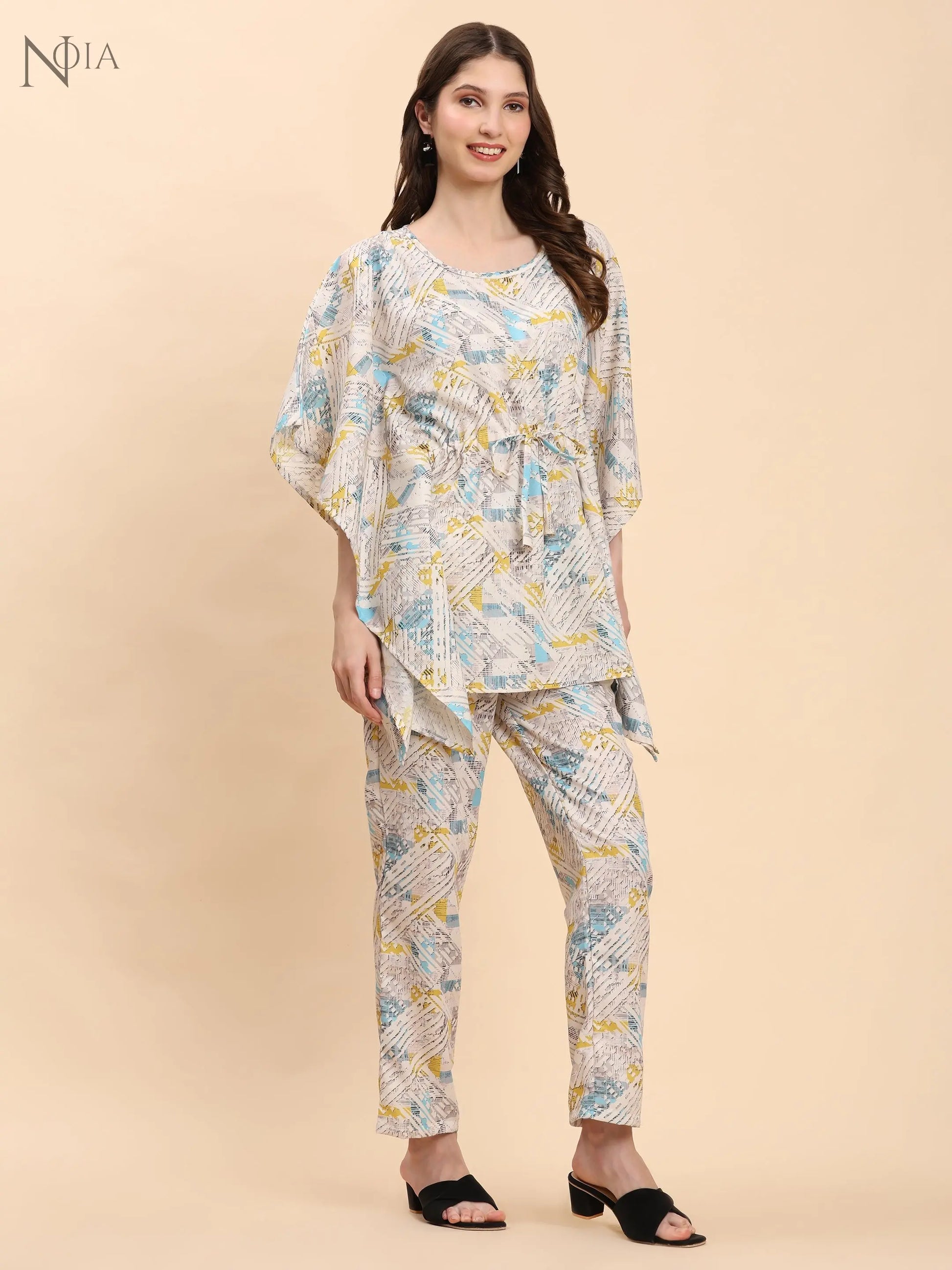 Noia White & Multi Geometric Kaftan Top with Trousers – Women’s Co-Ord Set Noia