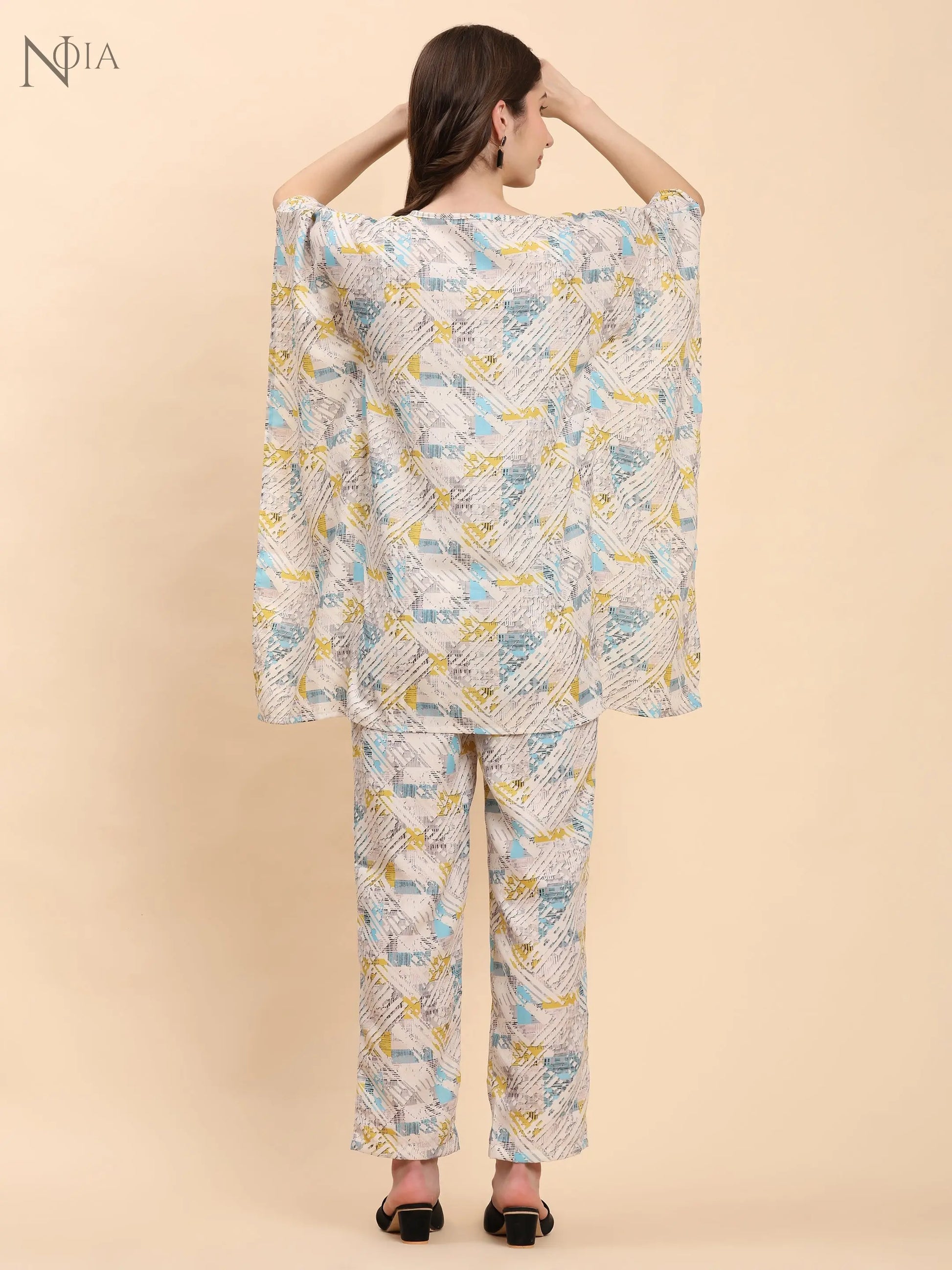 Noia White & Multi Geometric Kaftan Top with Trousers – Women’s Co-Ord Set Noia