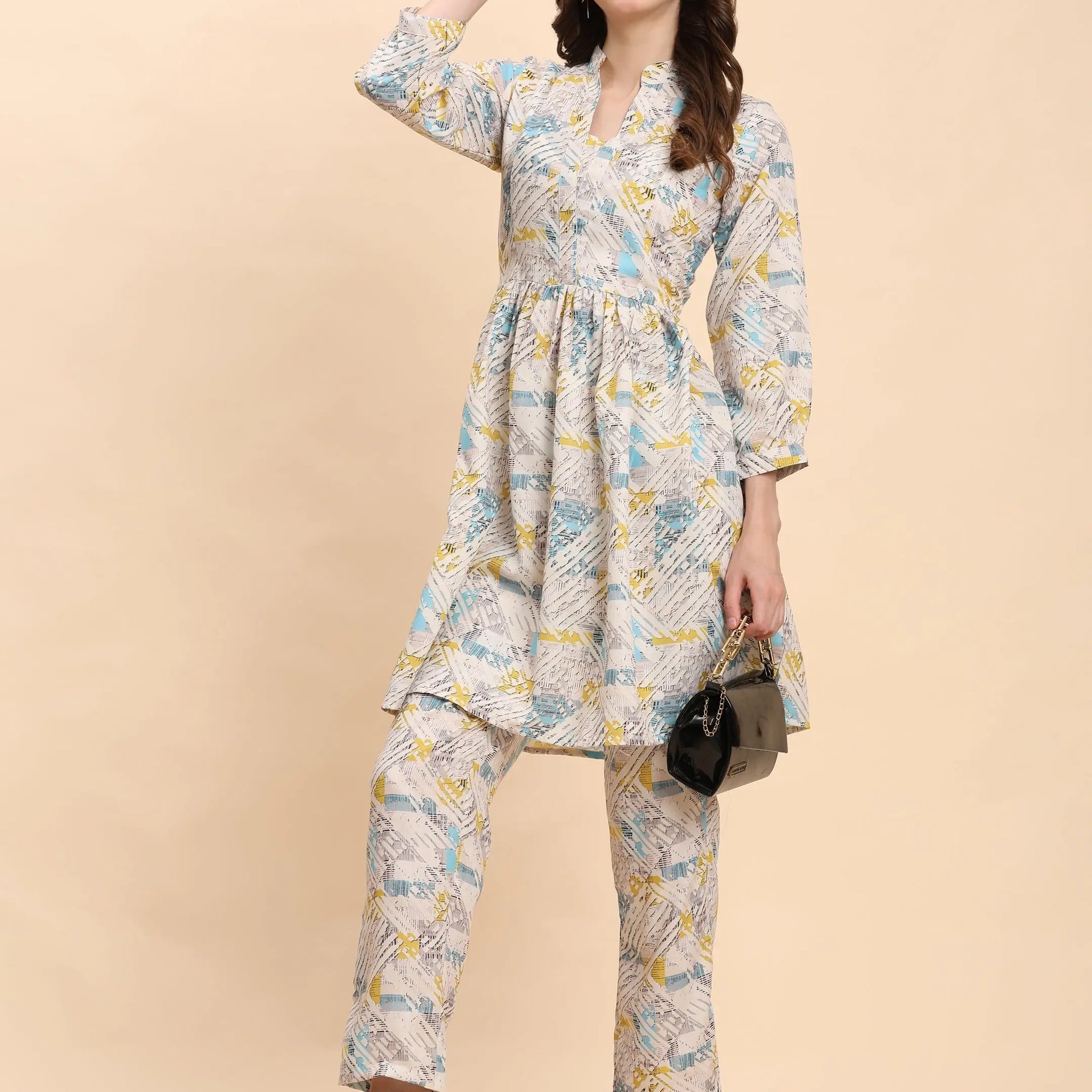 Noia White & Multi Geometric Long Sleeved V-Neck Top with Trousers Noia