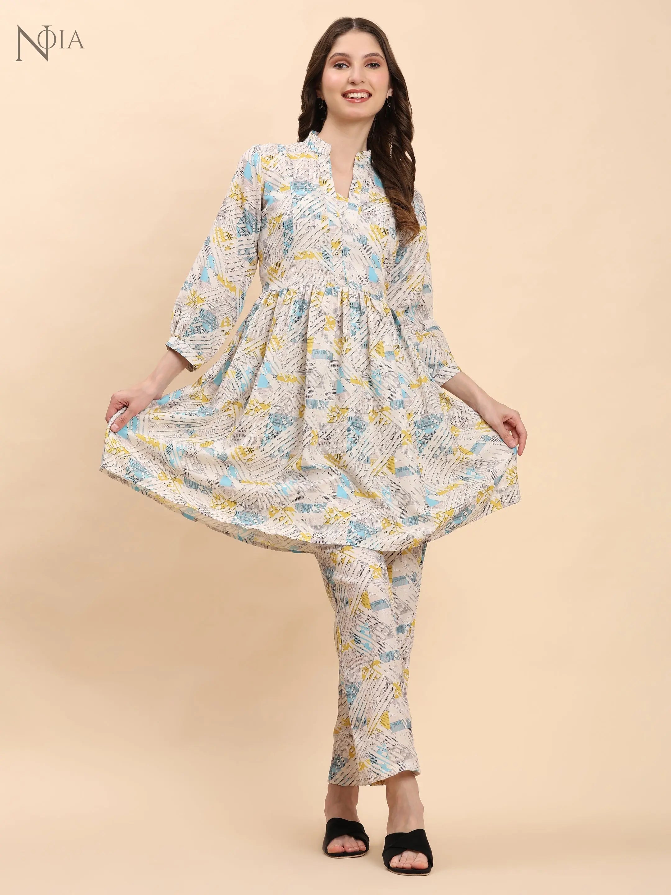 Noia White & Multi Geometric Long Sleeved V-Neck Top with Trousers Noia
