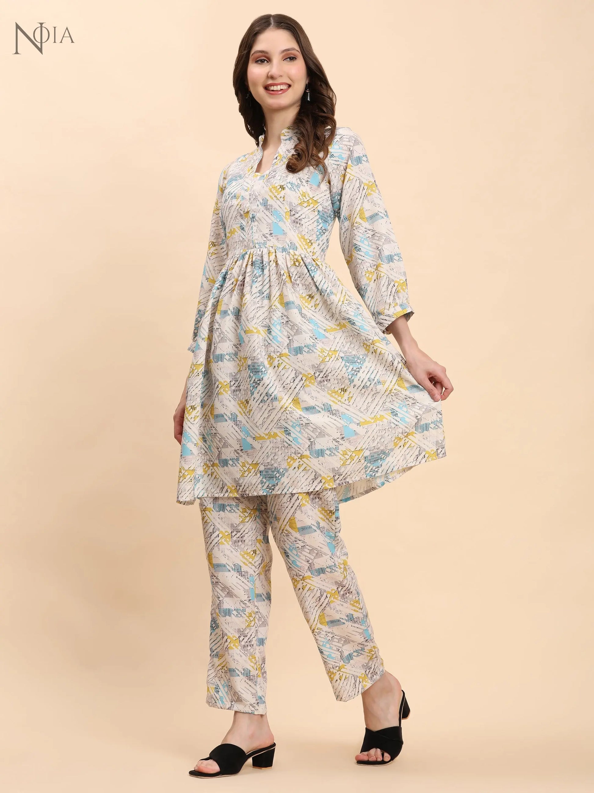 Noia White & Multi Geometric Long Sleeved V-Neck Top with Trousers Noia