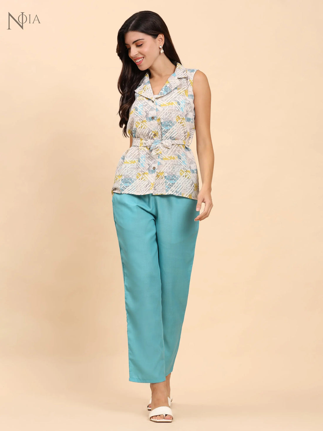 Noia White & Multi Geometric Shawl Collared Top with Trousers Noia