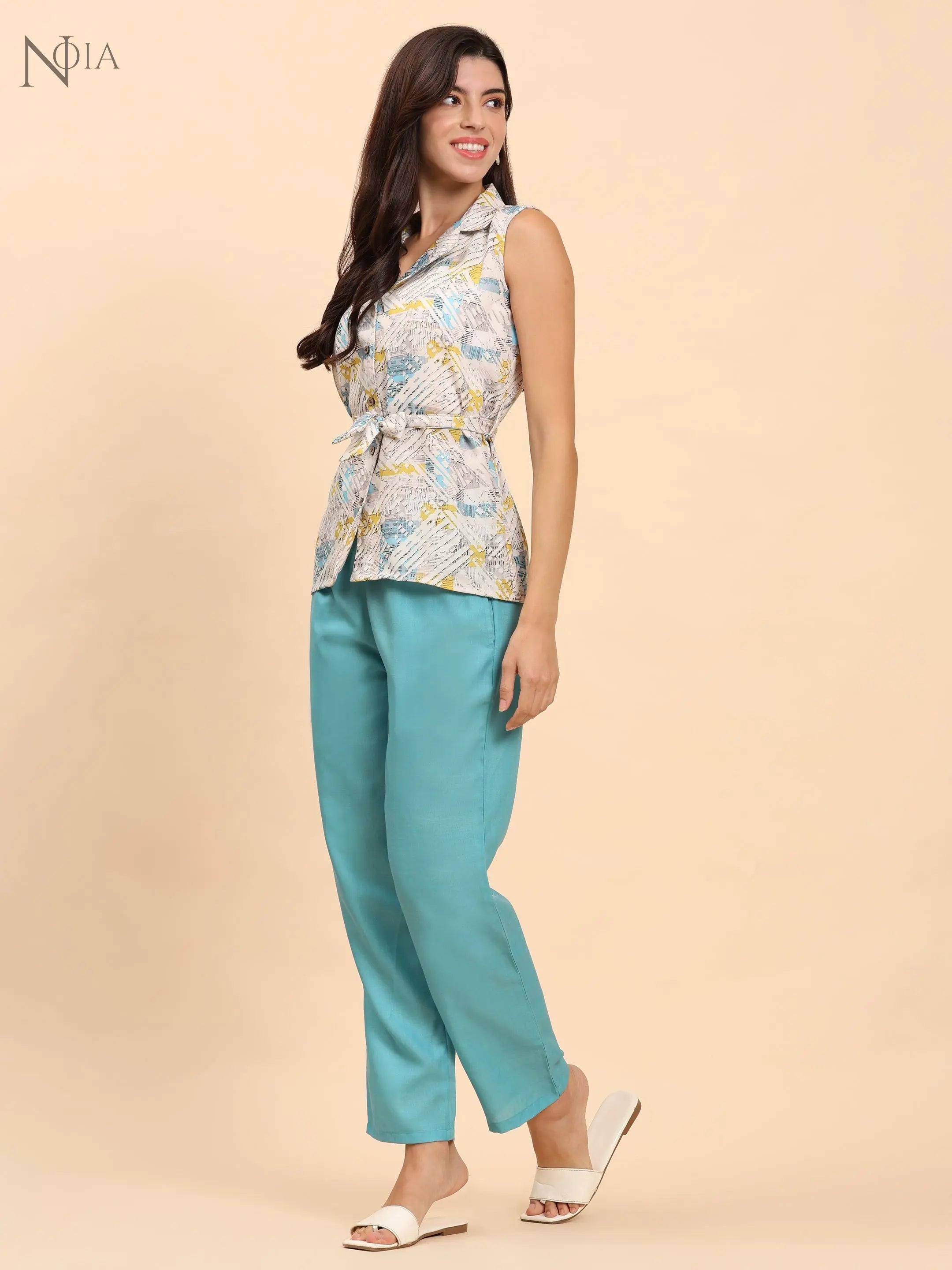Noia White & Multi Geometric Shawl Collared Top with Trousers Noia