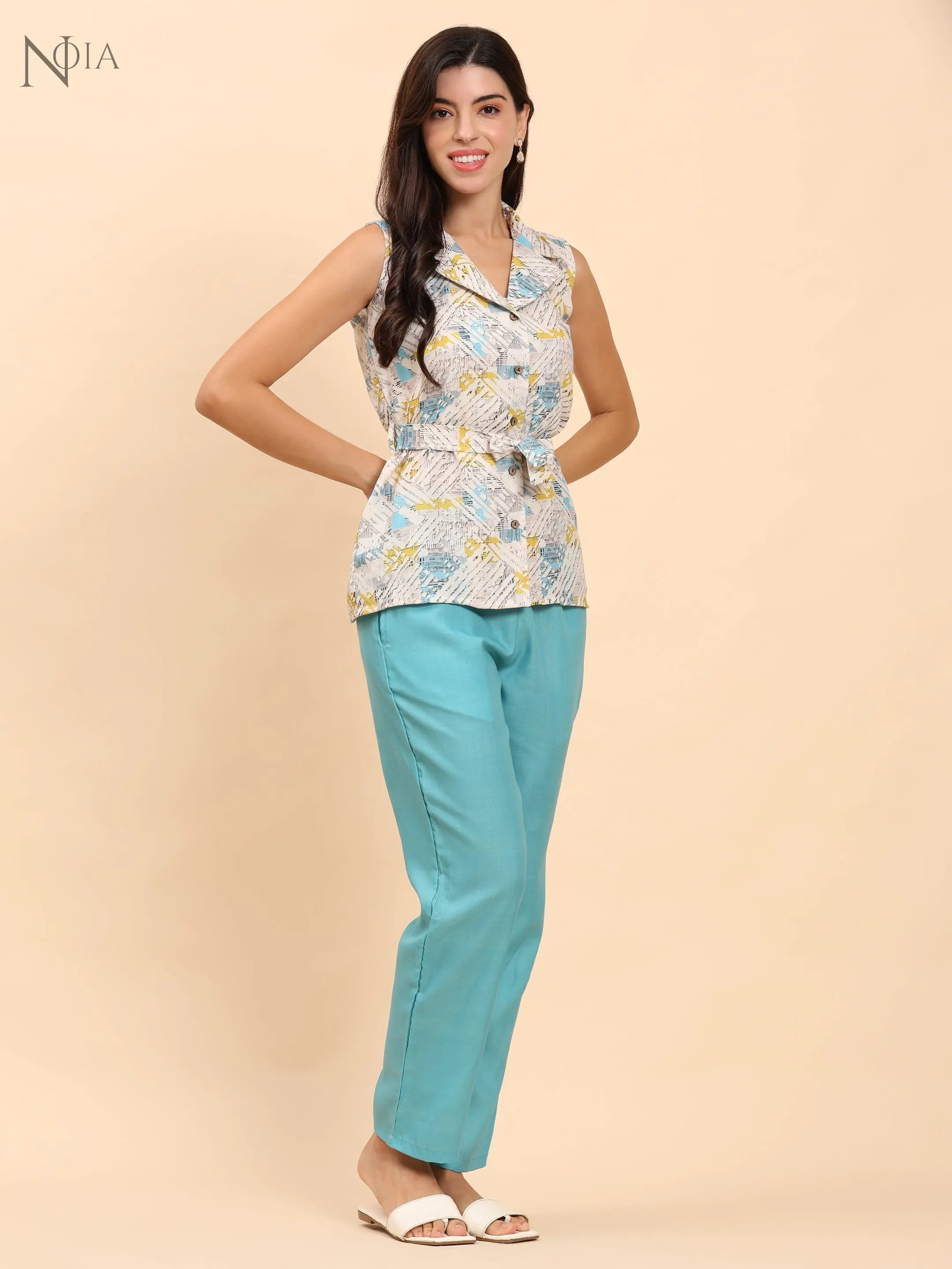 Noia White & Multi Geometric Shawl Collared Top with Trousers Noia