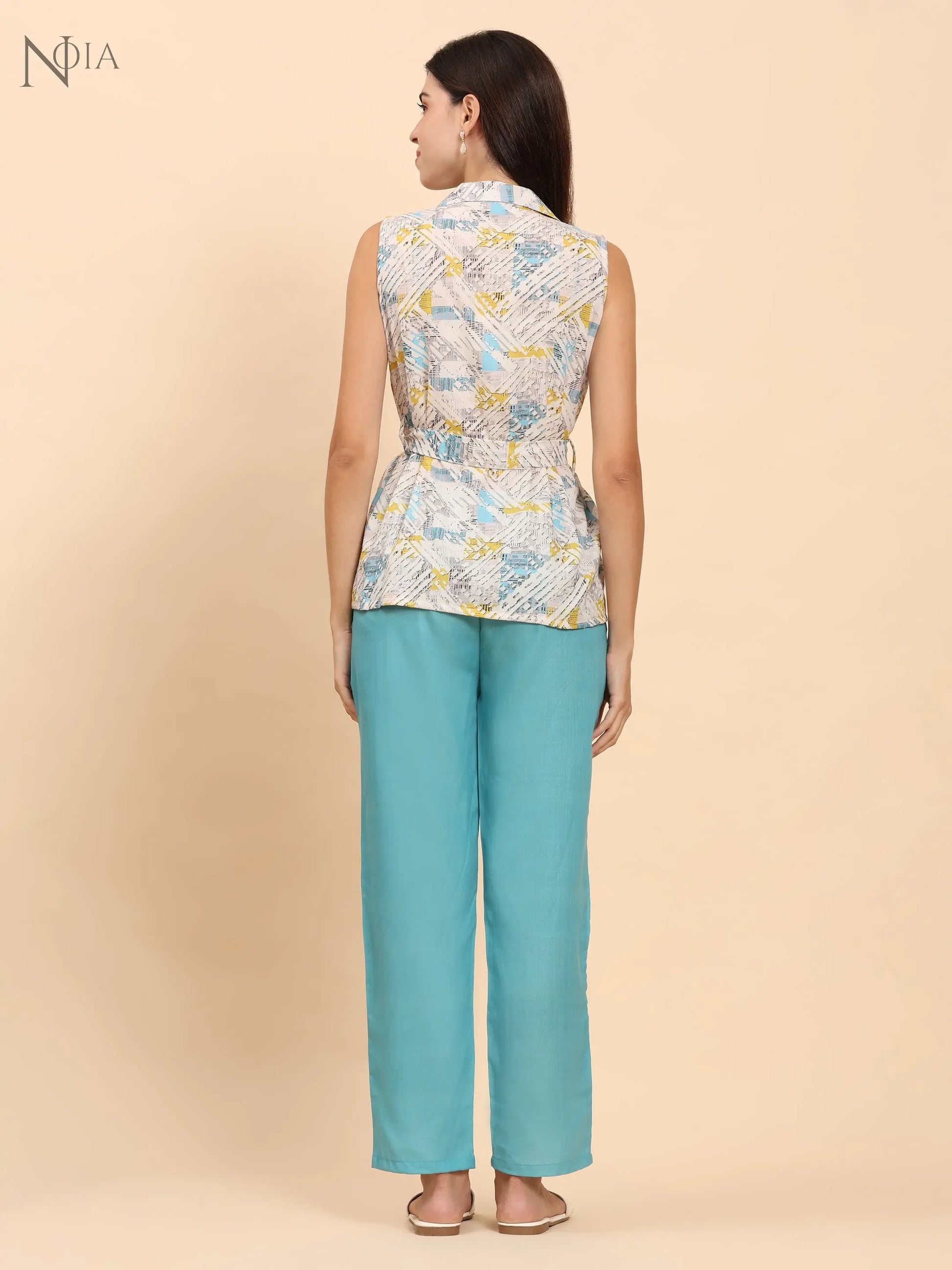 Noia White & Multi Geometric Shawl Collared Top with Trousers Noia