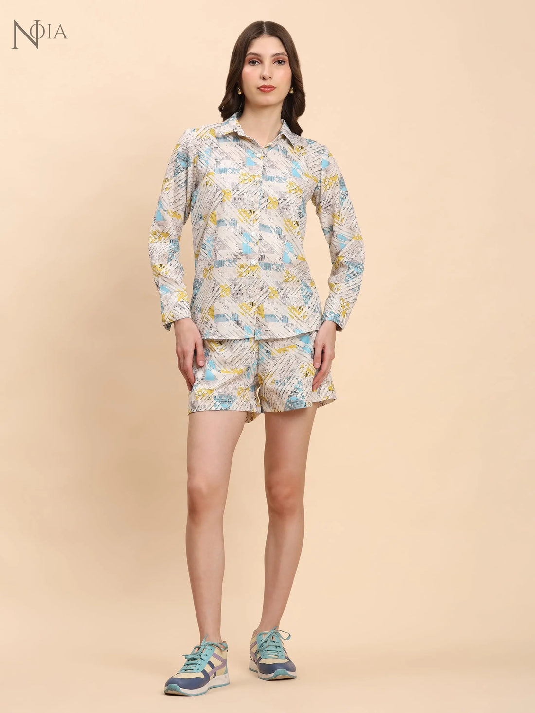 Noia White & Multi Geometric Shirt with Shorts Noia