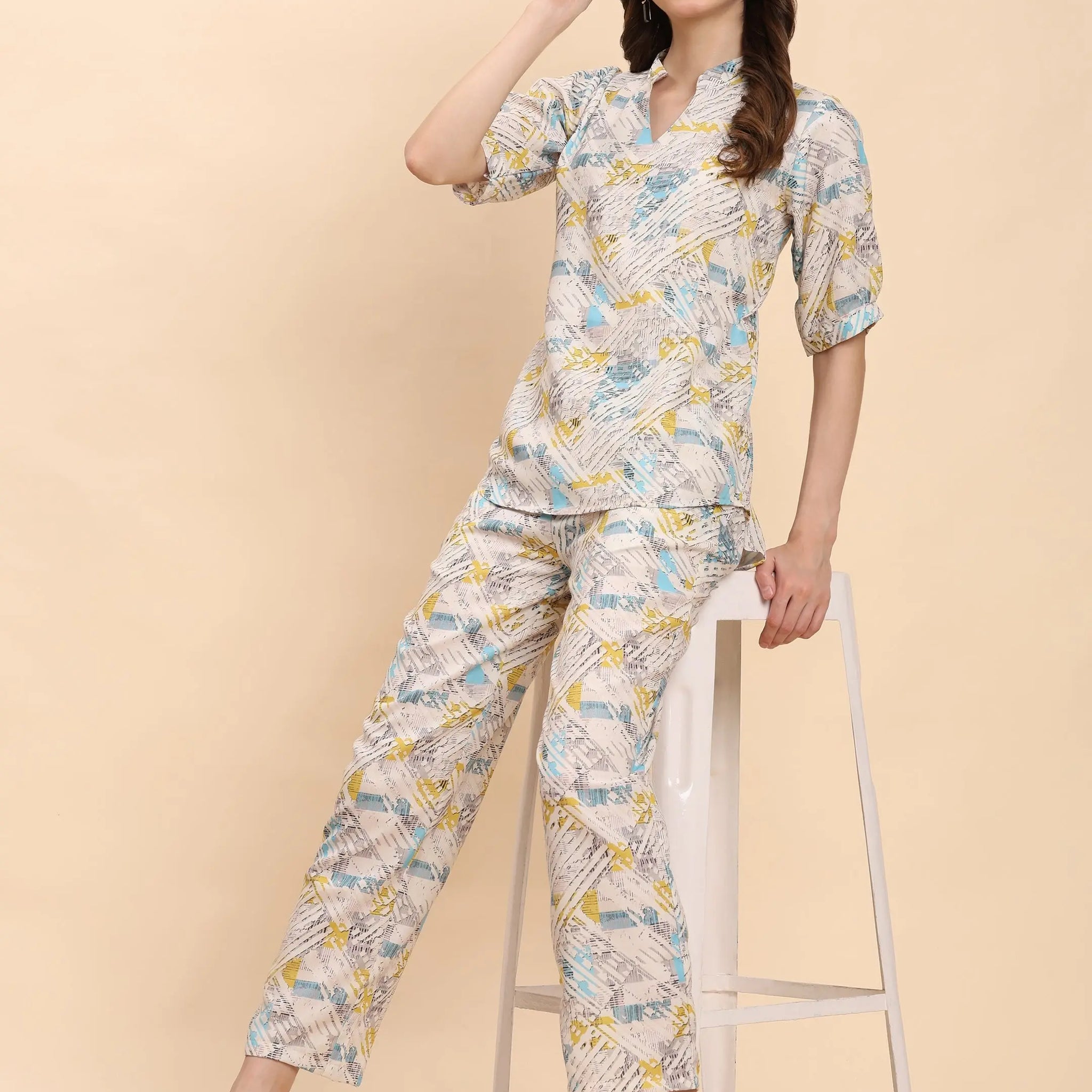 Noia White & Multi Geometric Short Sleeve Top with Trousers Noia