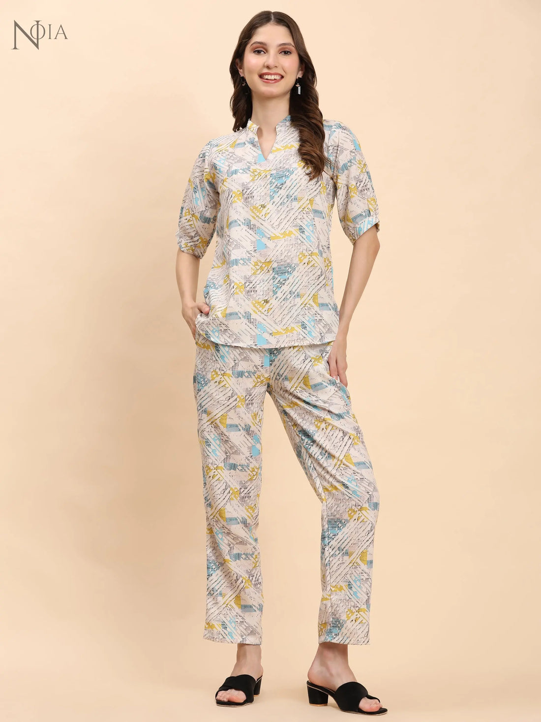 Noia White & Multi Geometric Short Sleeve Top with Trousers Noia