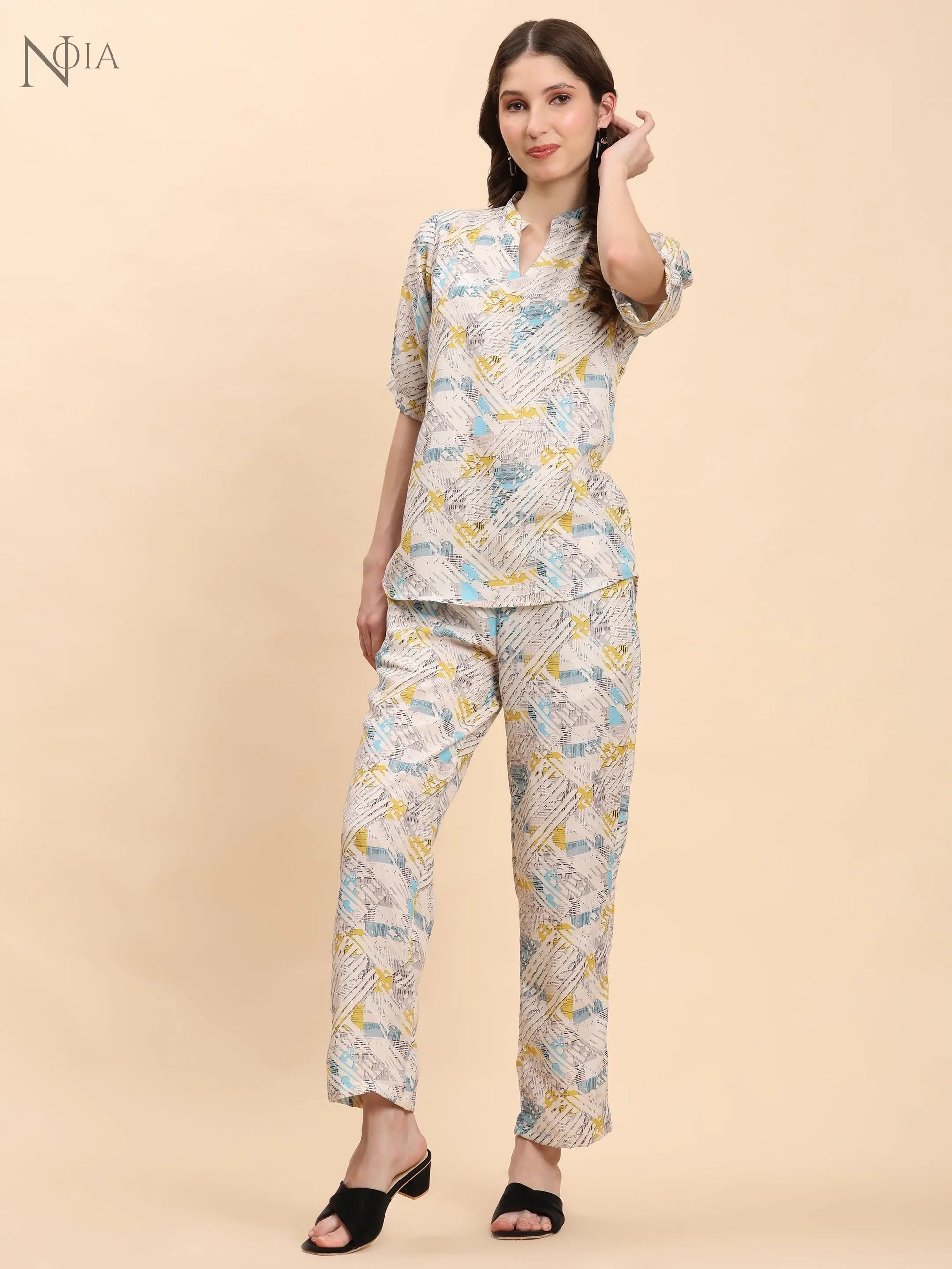Noia White & Multi Geometric Short Sleeve Top with Trousers Noia