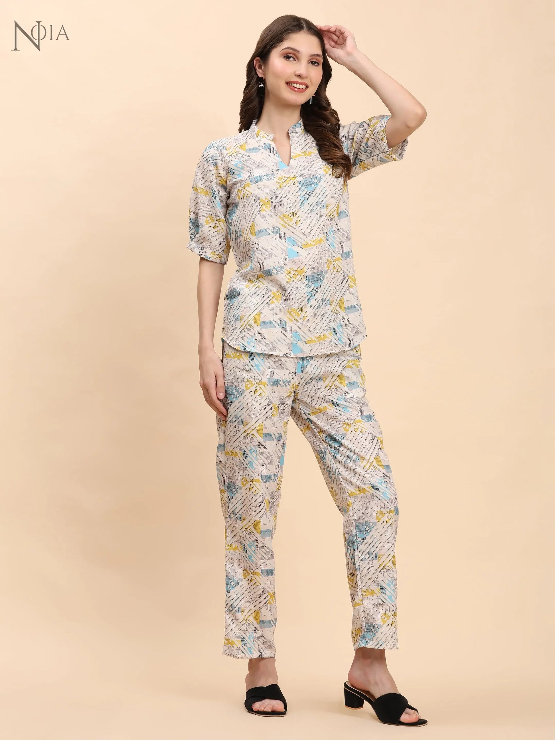 Noia White & Multi Geometric Short Sleeve Top with Trousers Noia