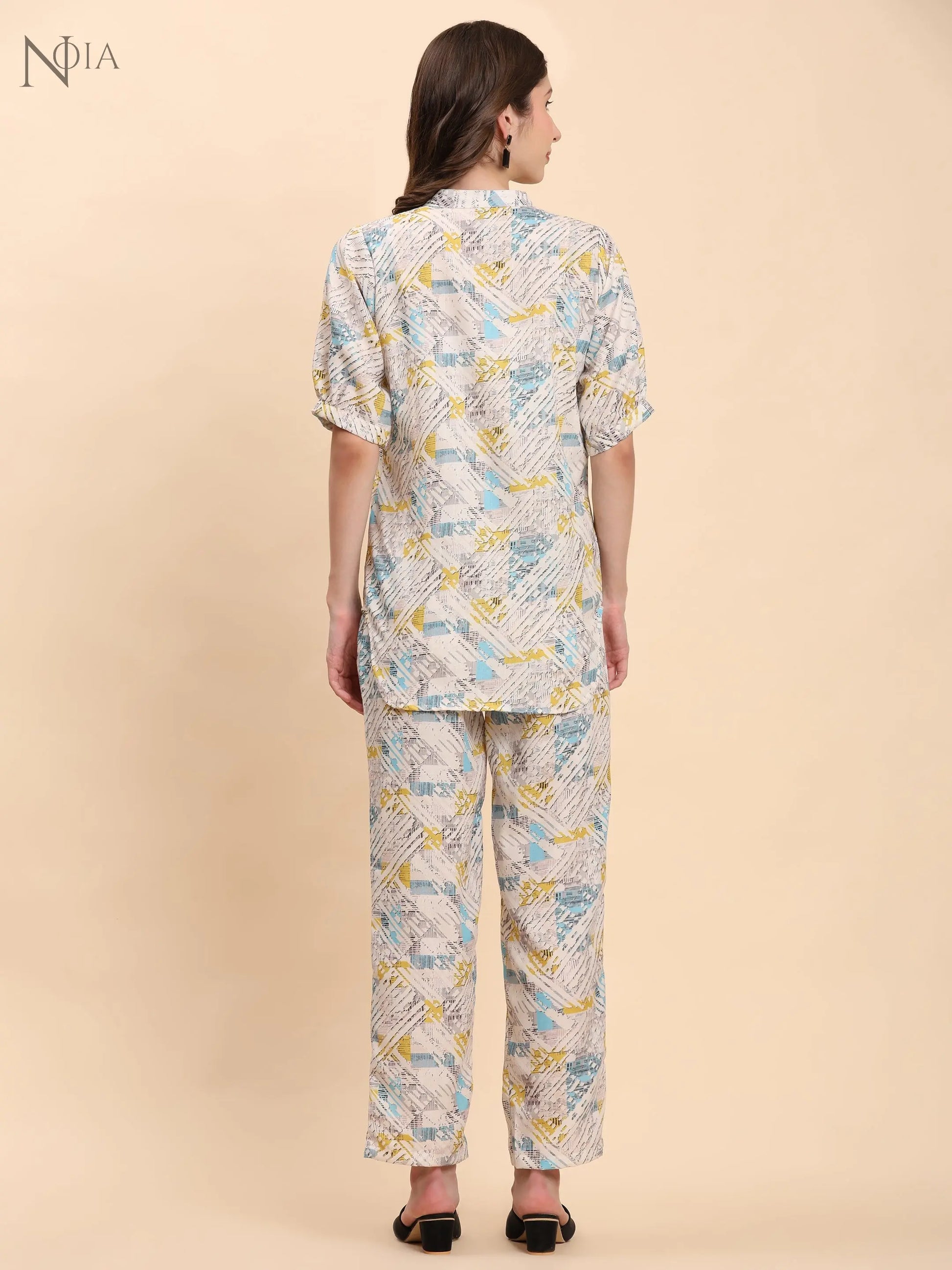 Noia White & Multi Geometric Short Sleeve Top with Trousers Noia