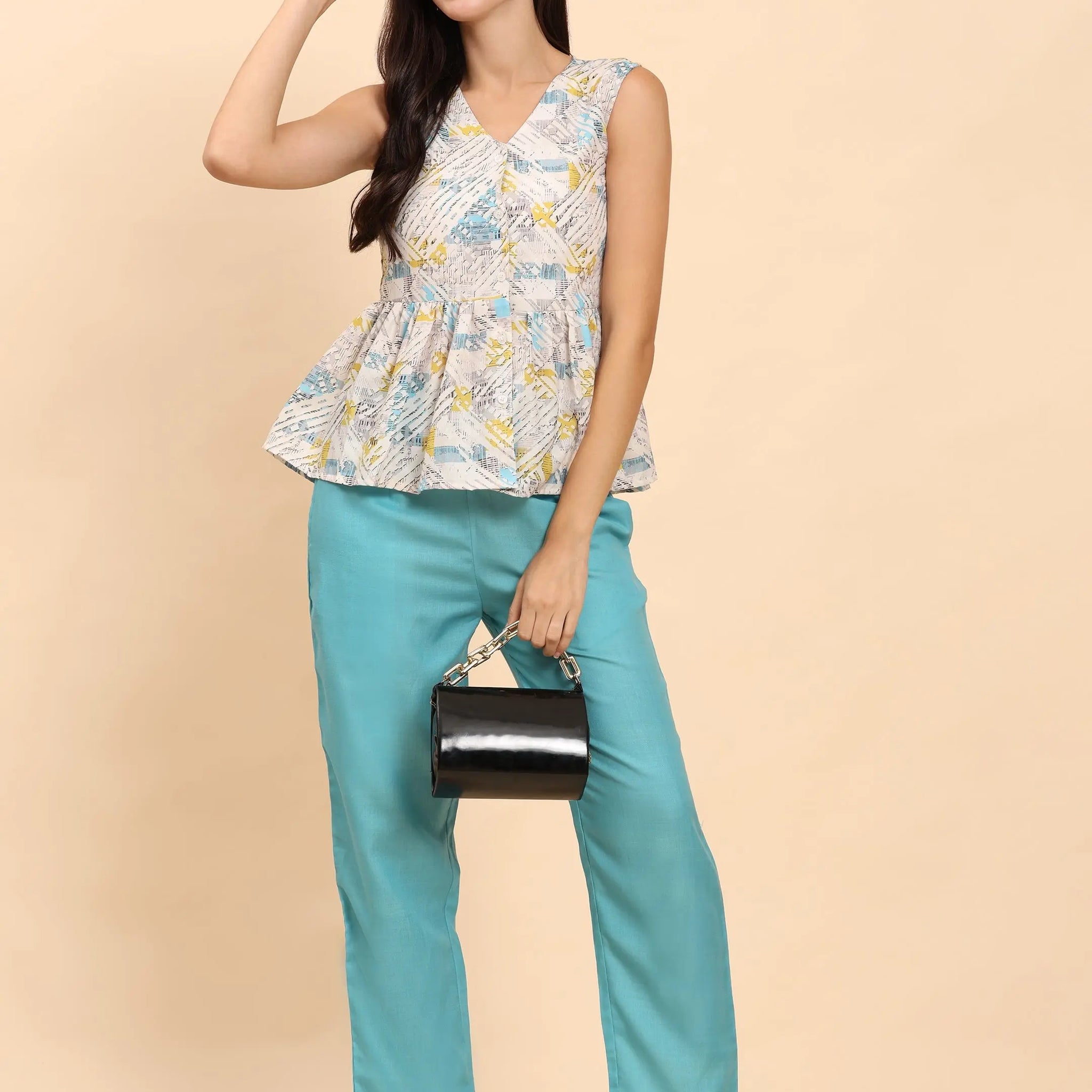 Noia White & Multi Geometric Sleeveless Peplum Top with Trousers Noia