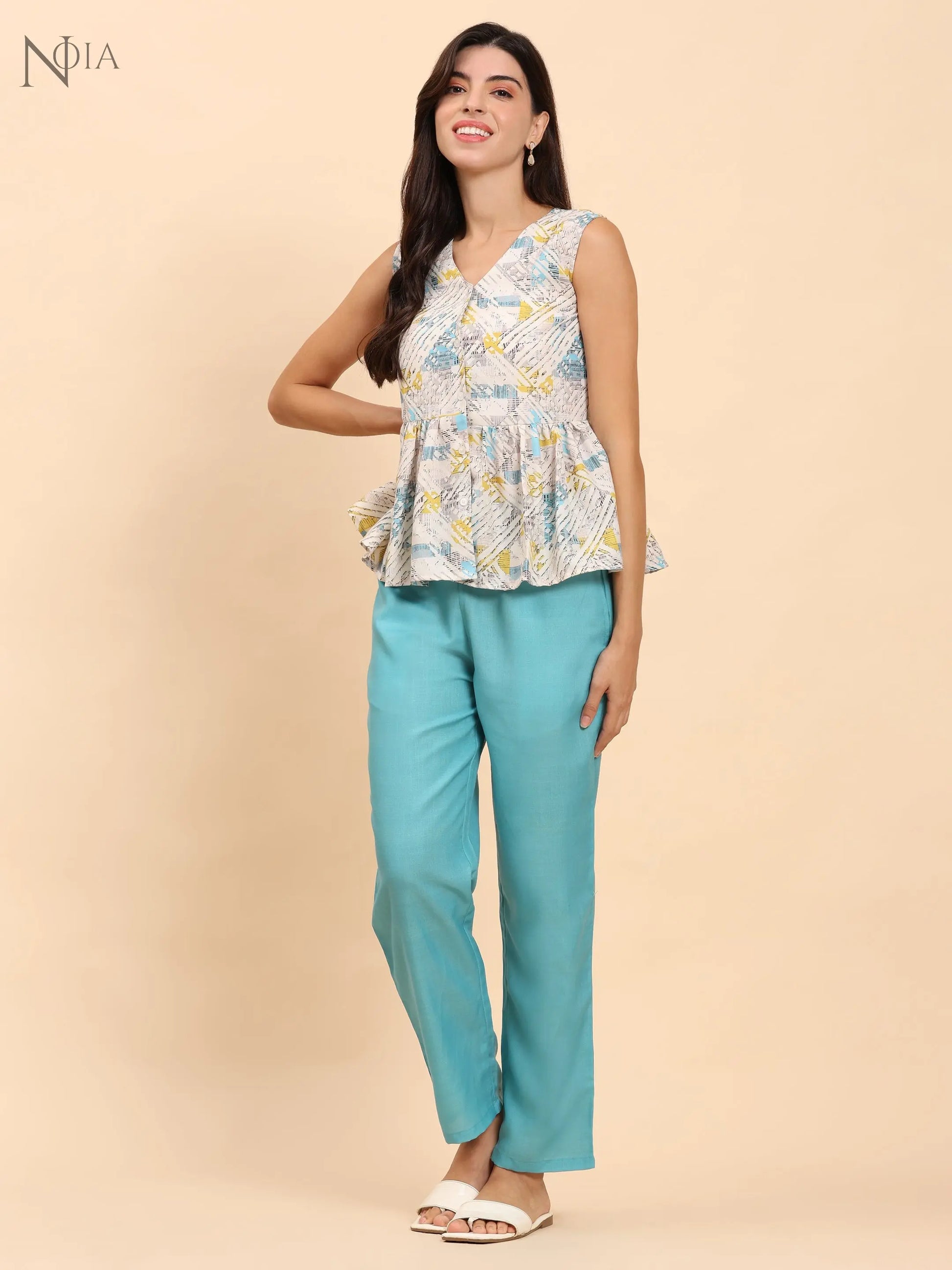 Noia White & Multi Geometric Sleeveless Peplum Top with Trousers Noia